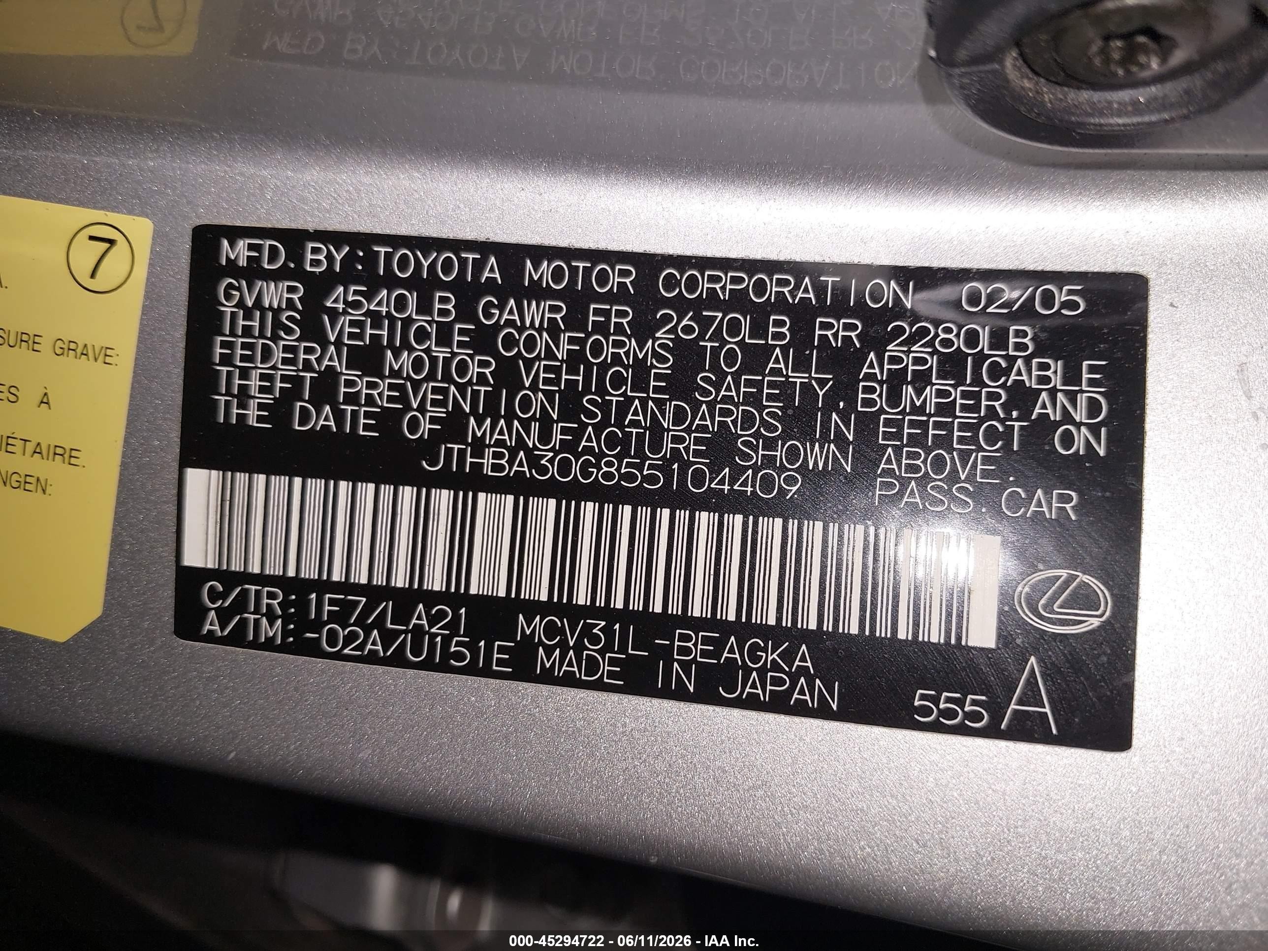 2005 Lexus Es 330   Silver vin: JTHBA30G855104409