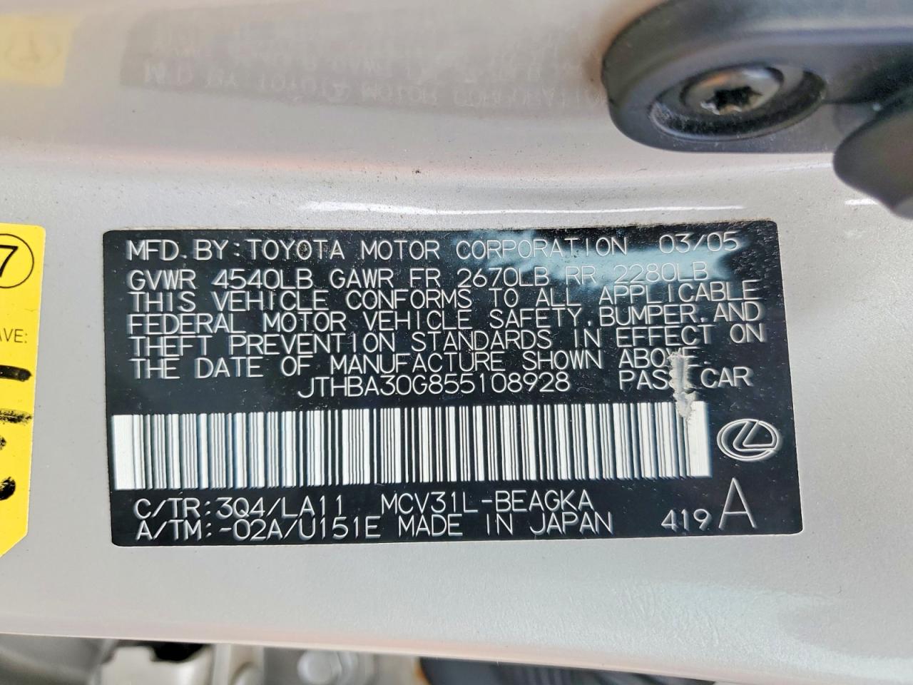 2005 Lexus Es 330 Silver vin: JTHBA30G855108928