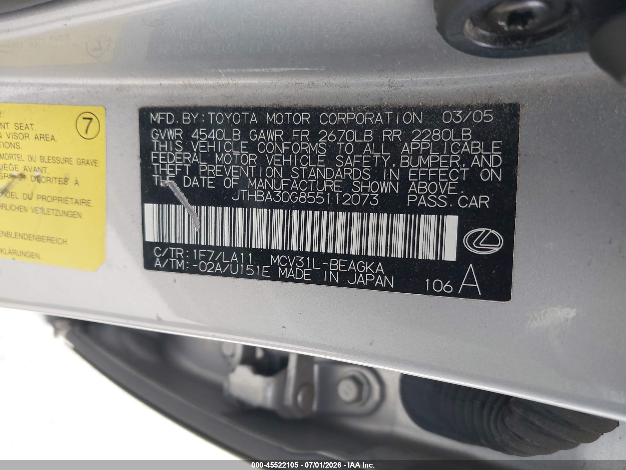 2005 Lexus Es 330   Silver vin: JTHBA30G855112073