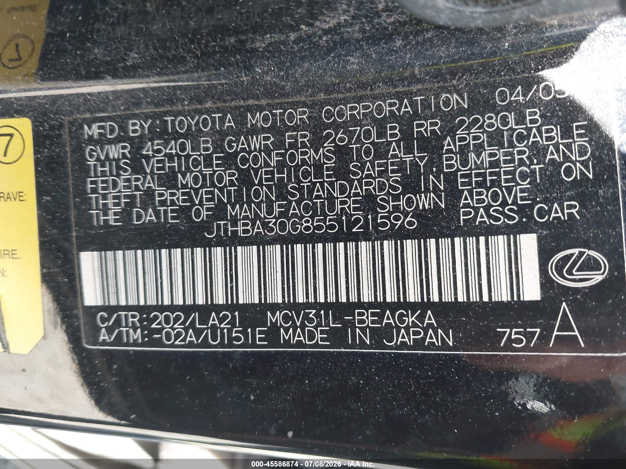 2005 Lexus Es 330   Черный vin: JTHBA30G855121596