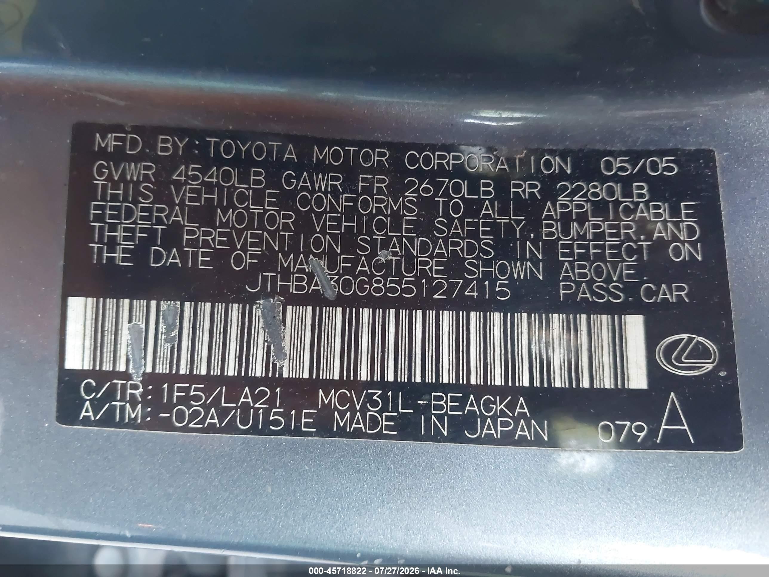 2005 Lexus Es 330   Серый vin: JTHBA30G855127415