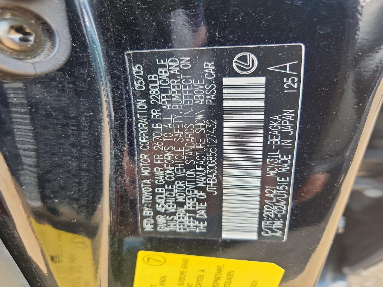 2005 Lexus Es 330 Black vin: JTHBA30G855127432