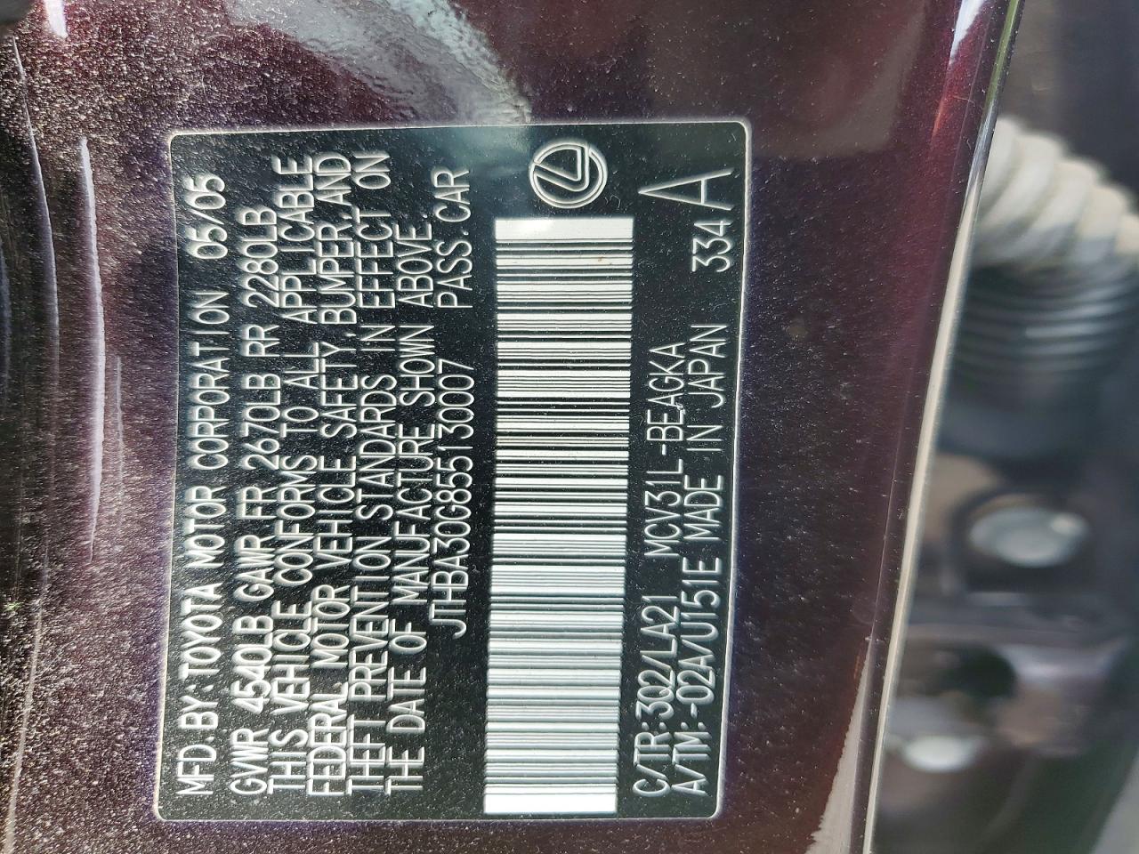 2005 Lexus Es 330 Burgundy vin: JTHBA30G855130007