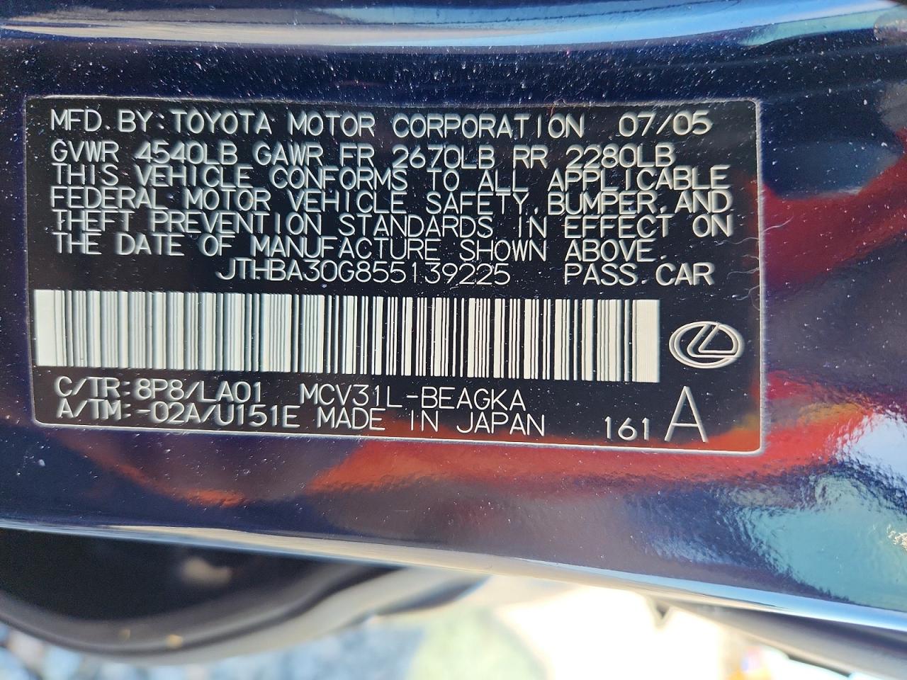 2005 Lexus Es 330 Blue vin: JTHBA30G855139225