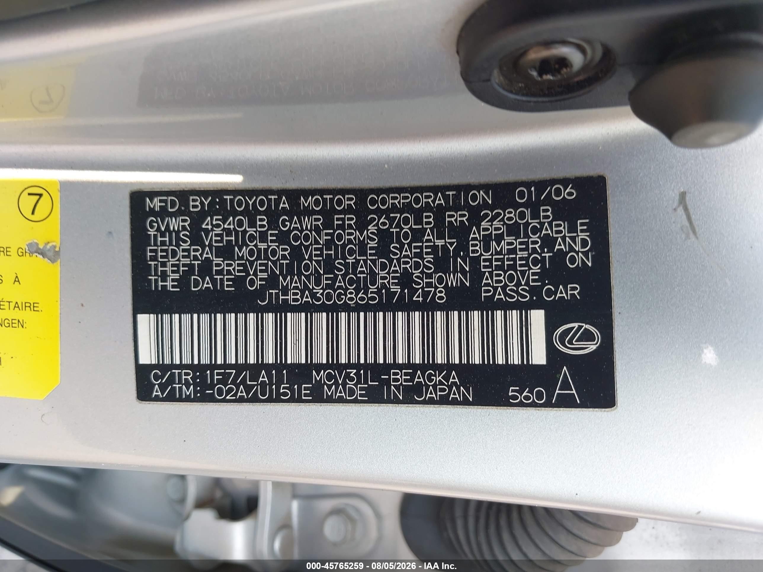 2006 Lexus Es 330   Silver vin: JTHBA30G865171478