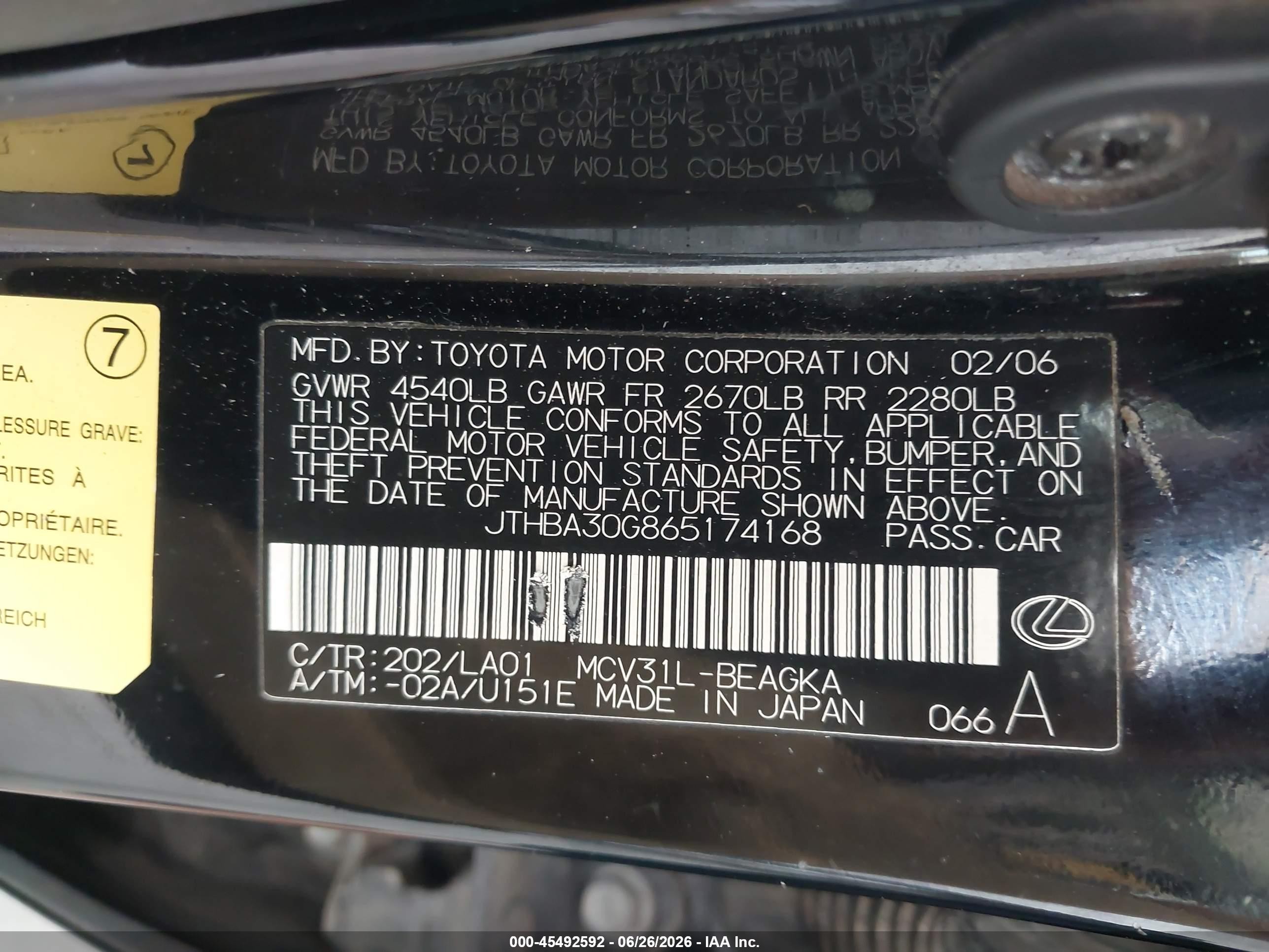 2006 Lexus Es 330 Black vin: JTHBA30G865174168