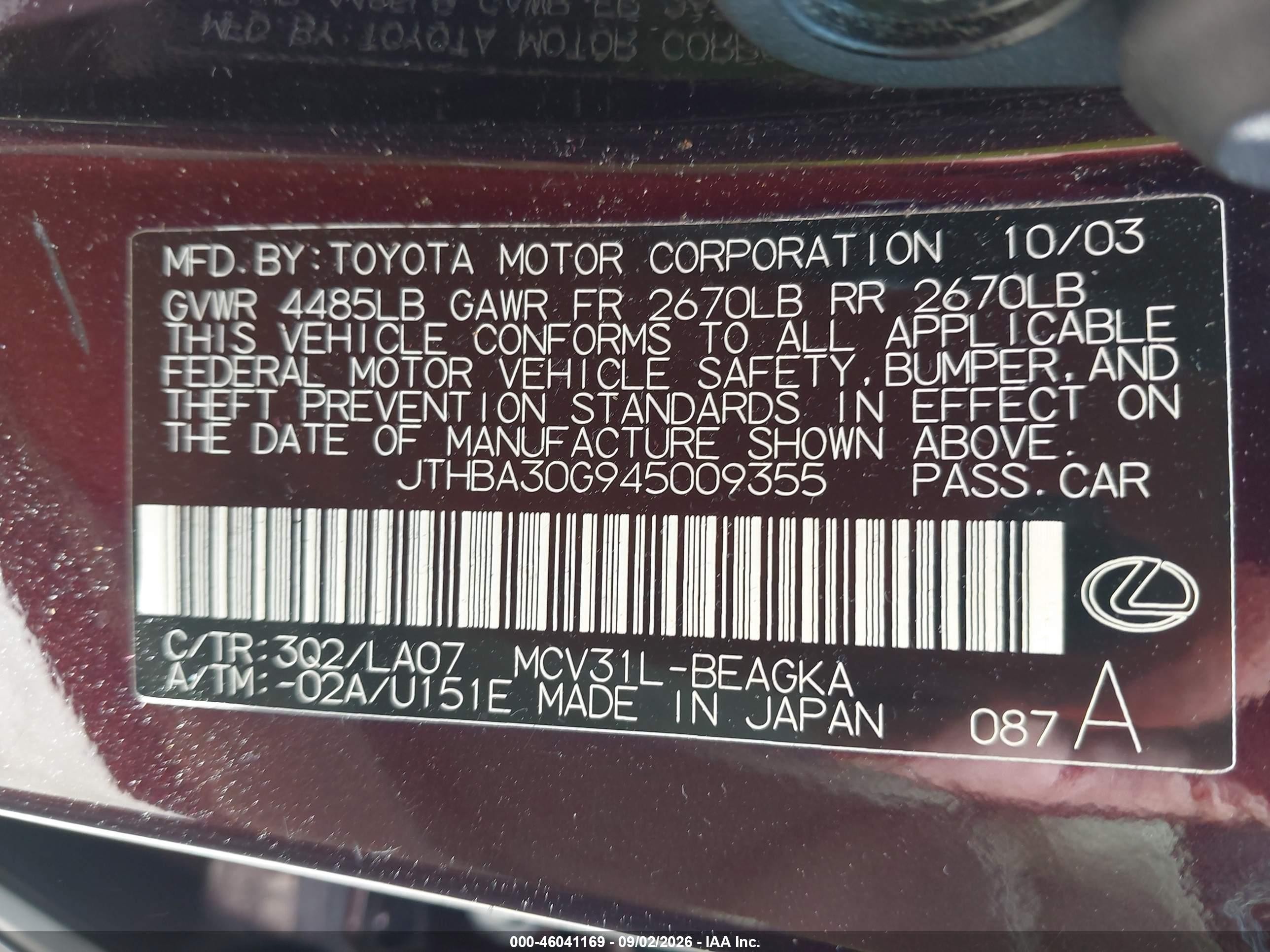 2004 Lexus Es 330   Maroon vin: JTHBA30G945009355