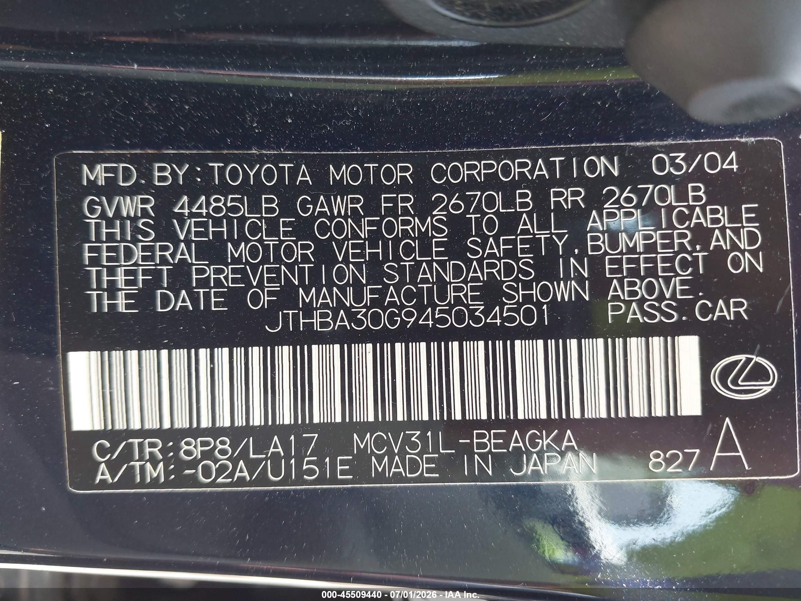 2004 Lexus Es 330   Dark Blue vin: JTHBA30G945034501