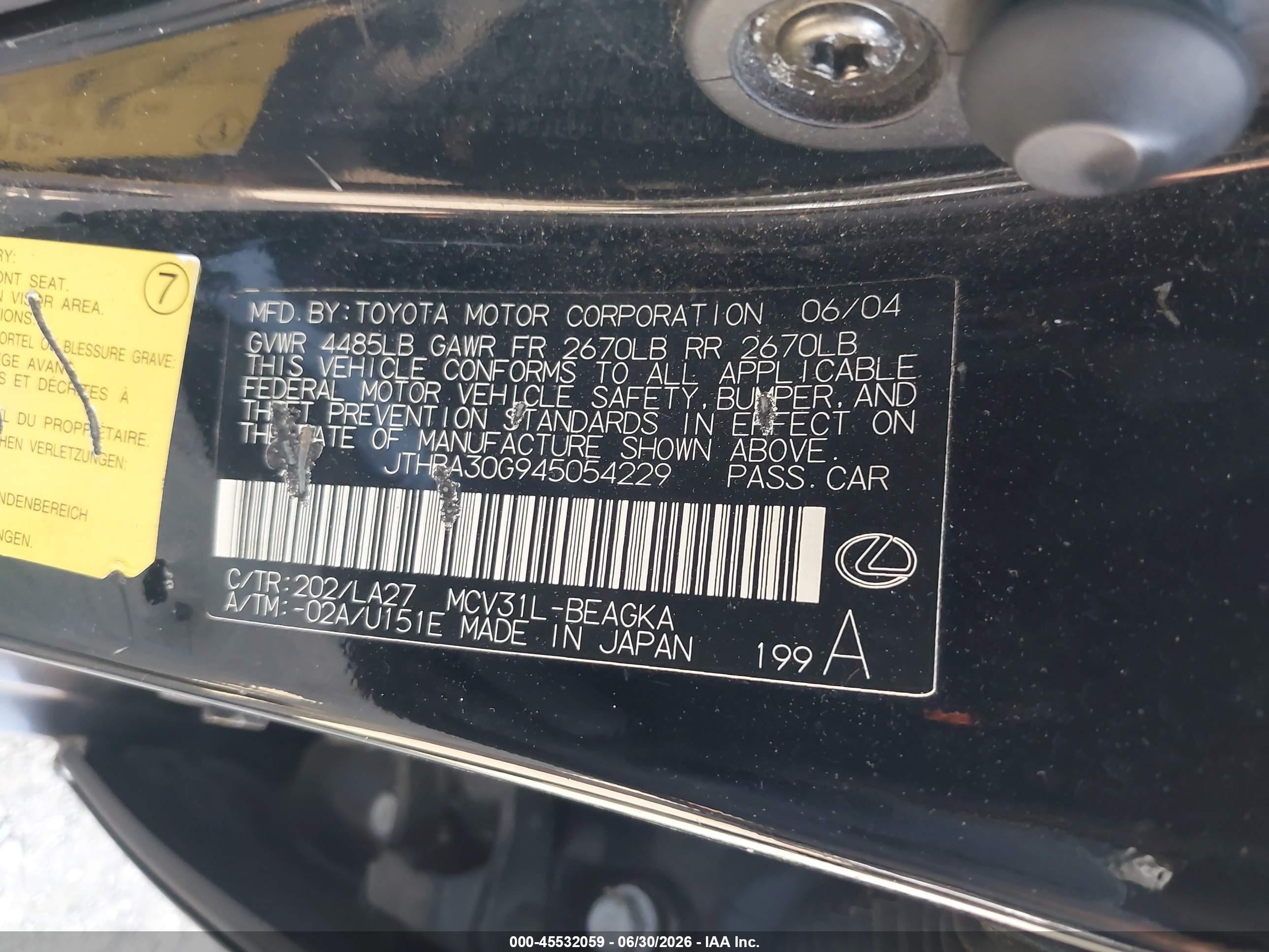 2004 Lexus Es 330   Черный vin: JTHBA30G945054229