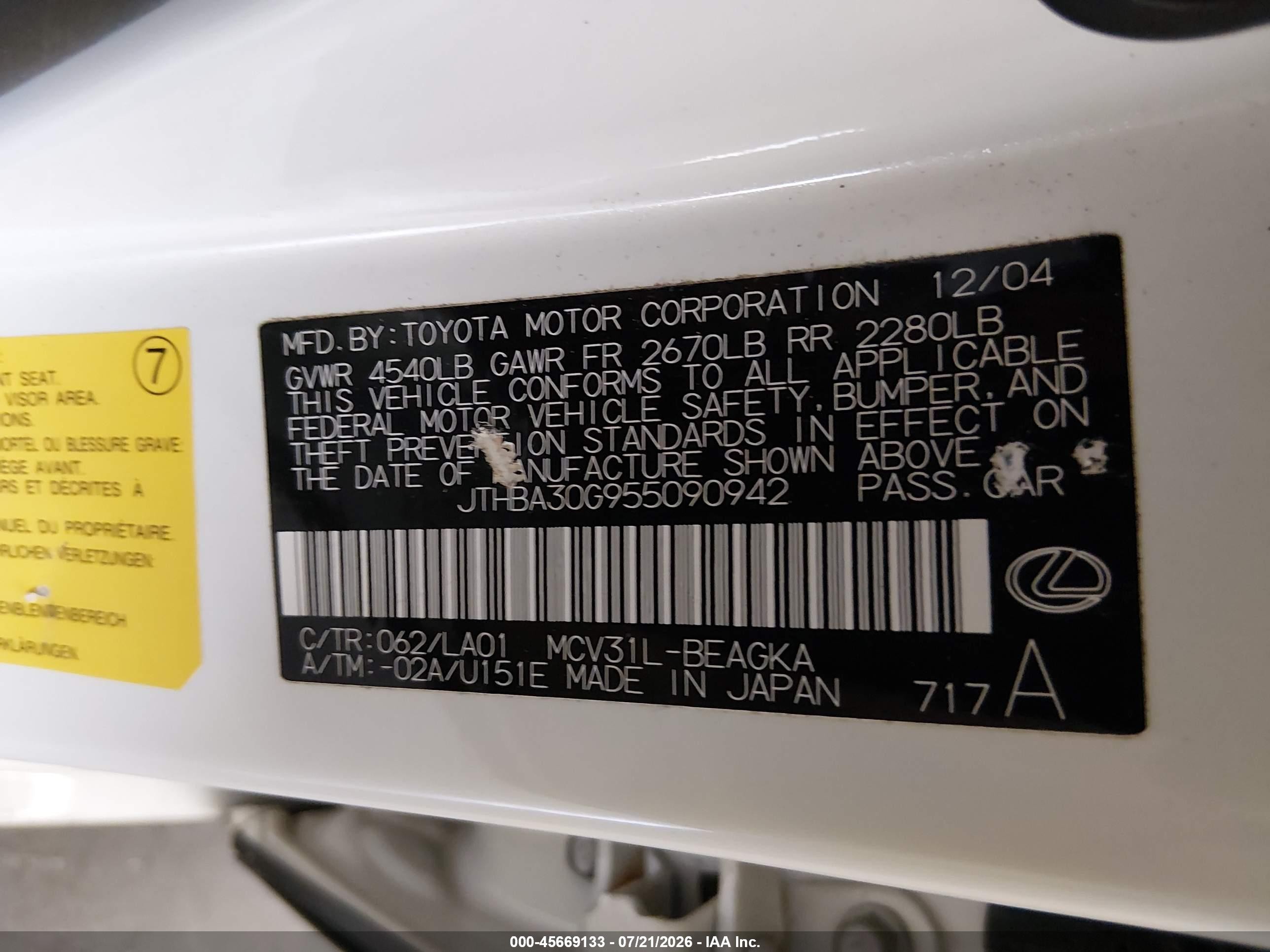 2005 Lexus Es 330   White vin: JTHBA30G955090942