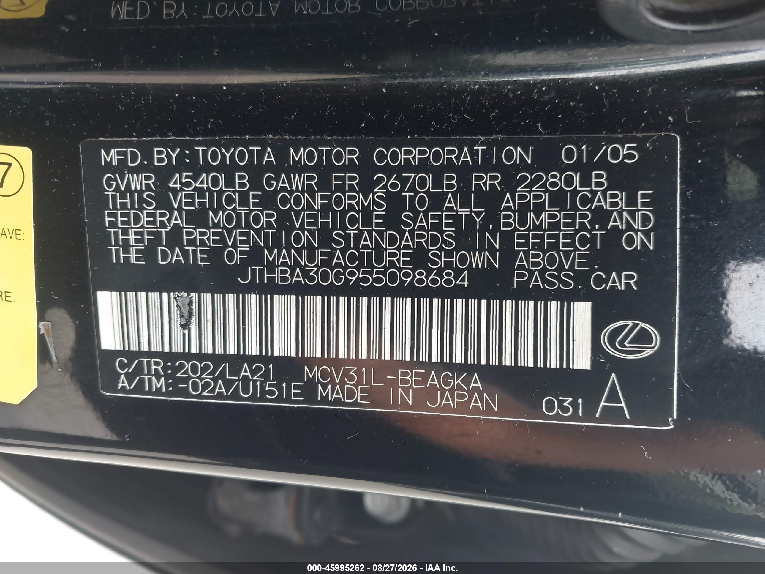 2005 Lexus Es 330   Black vin: JTHBA30G955098684
