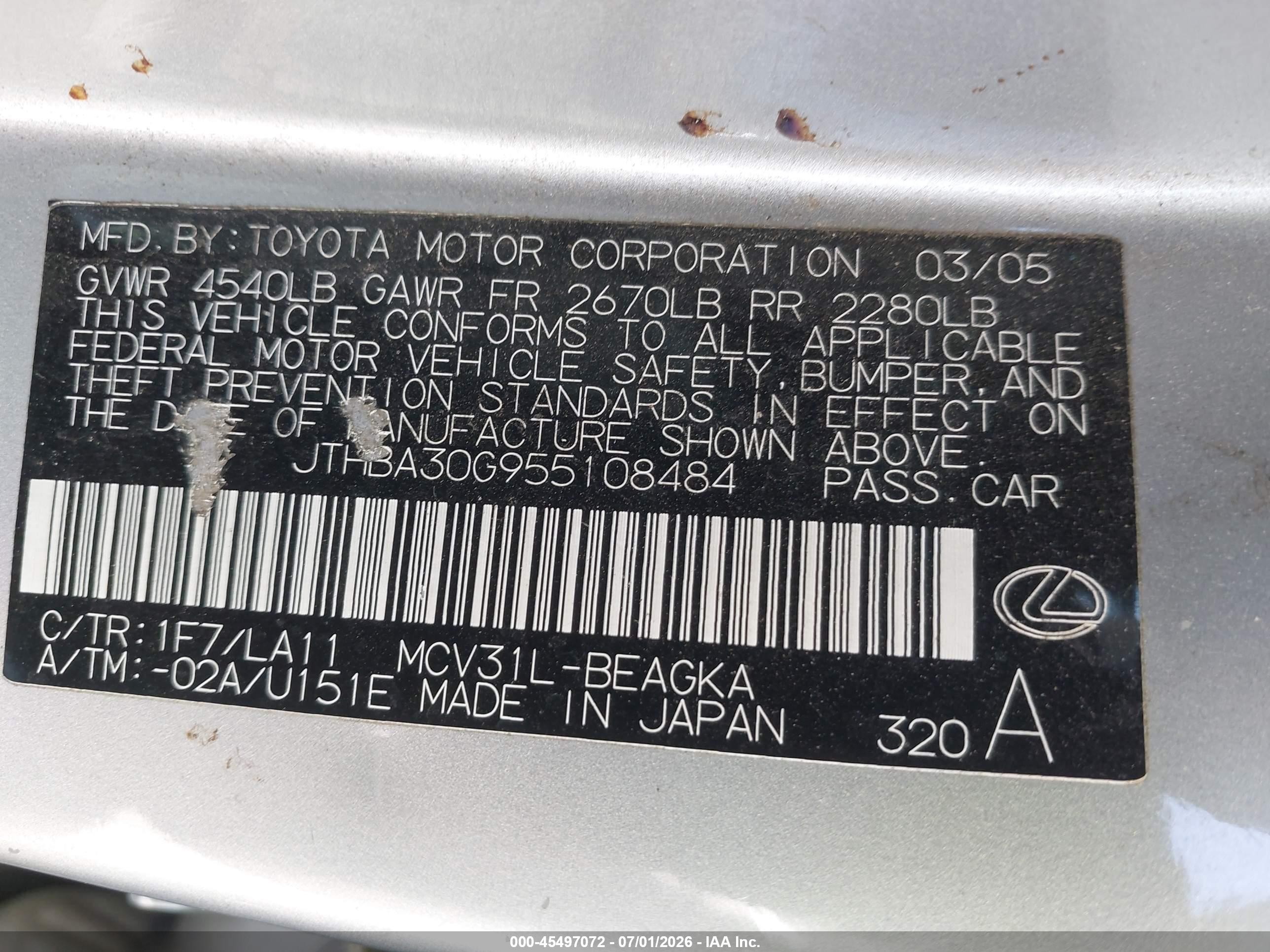 2005 Lexus Es 330   Серебряный vin: JTHBA30G955108484