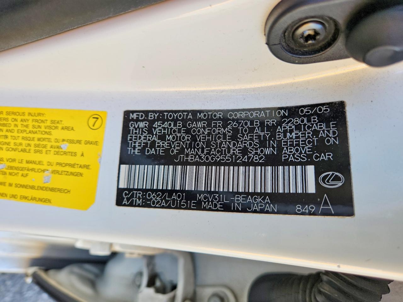 2005 Lexus Es330 Белый vin: JTHBA30G955124782
