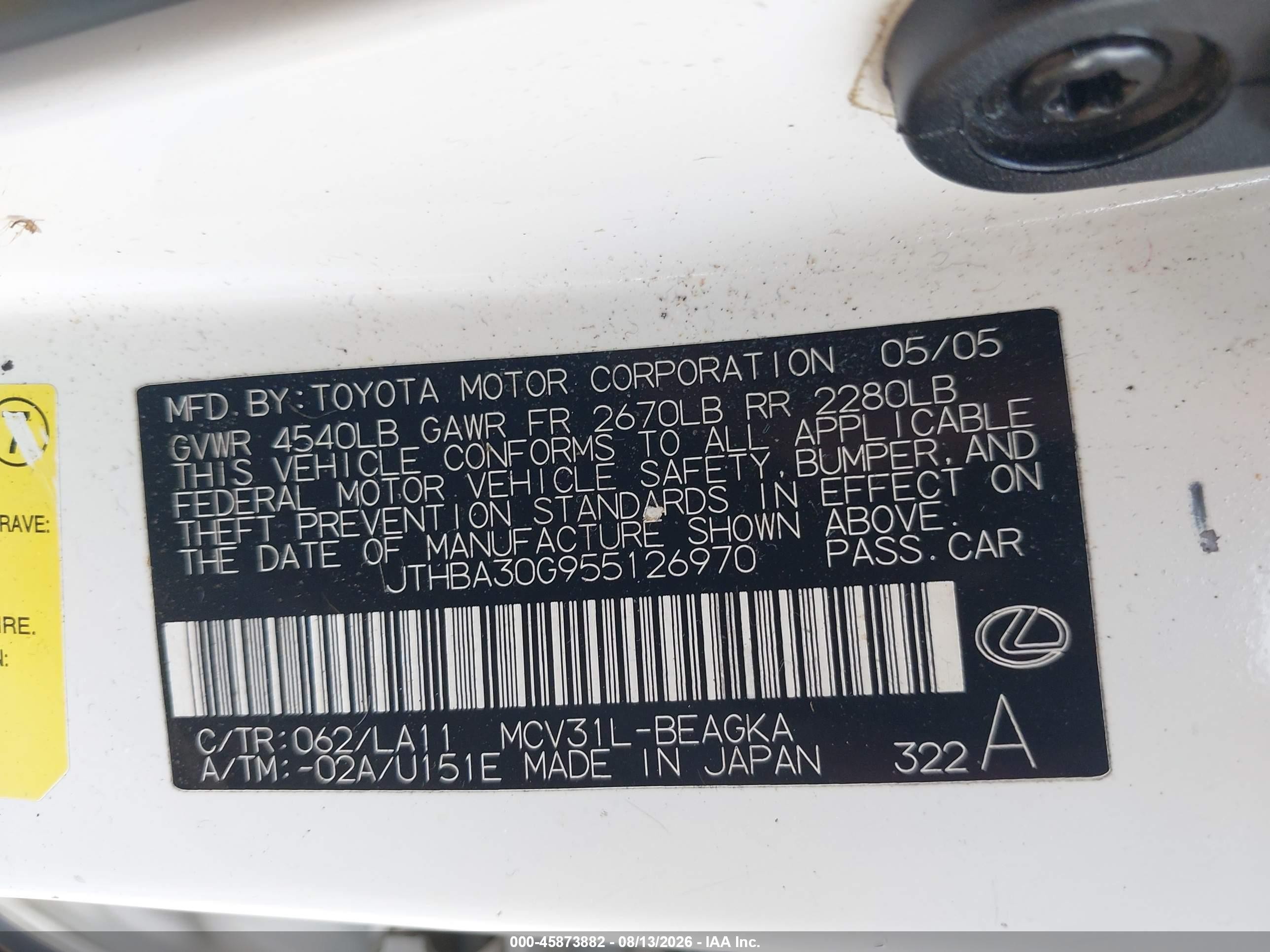 2005 Lexus Es 330   White vin: JTHBA30G955126970