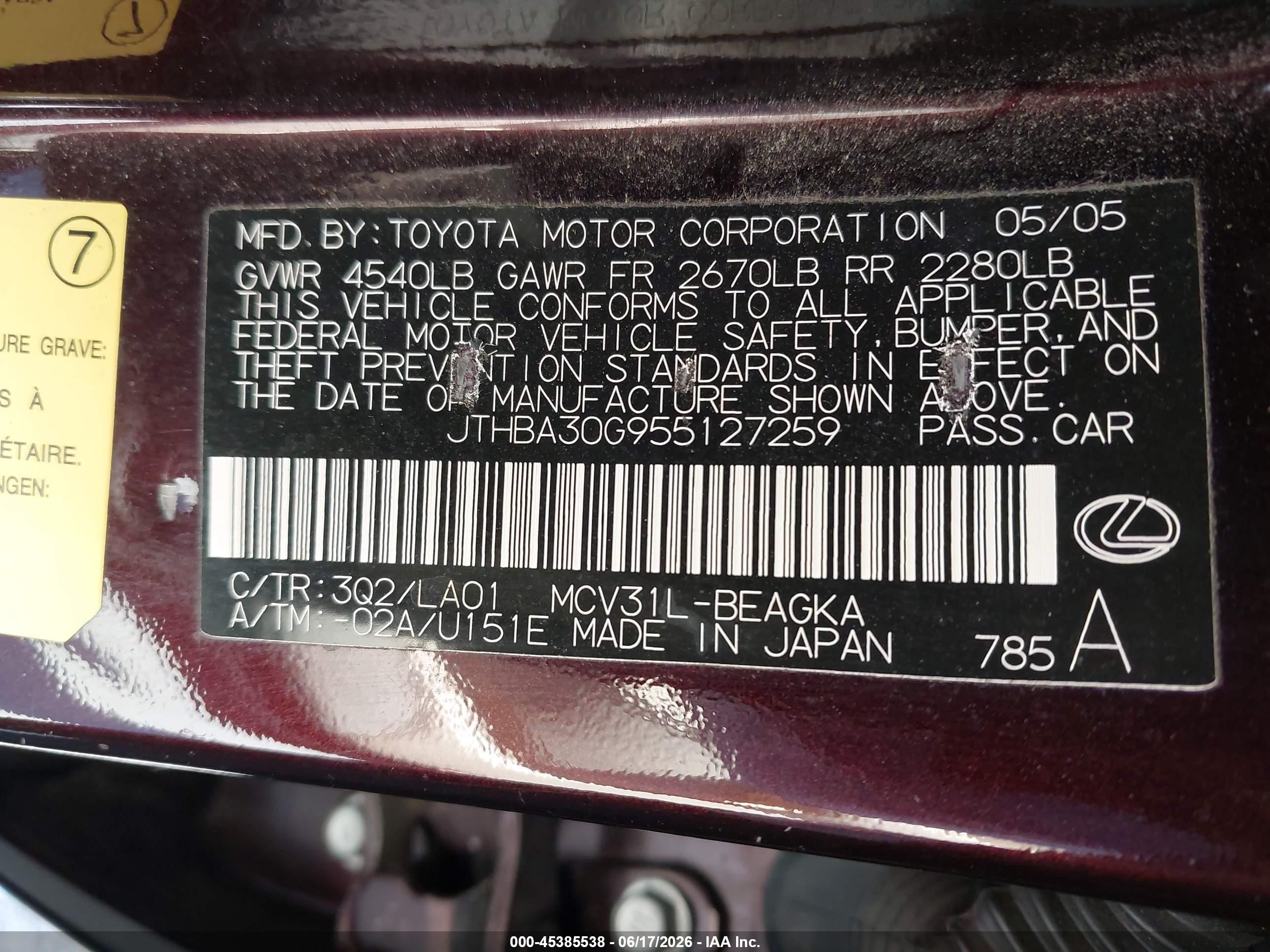 2005 Lexus Es 330 Purple vin: JTHBA30G955127259