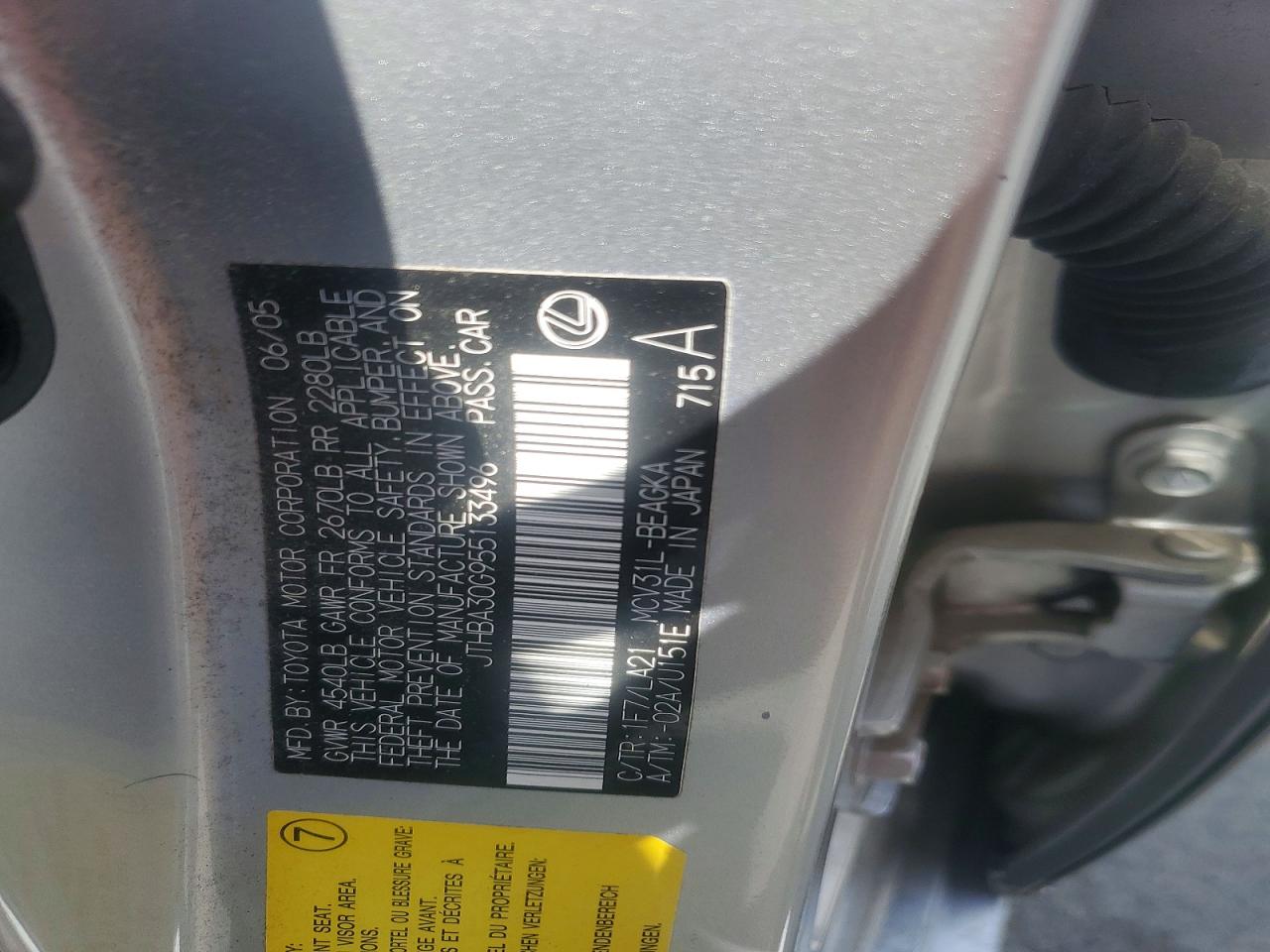 2005 Lexus Es 330 Silver vin: JTHBA30G955133496