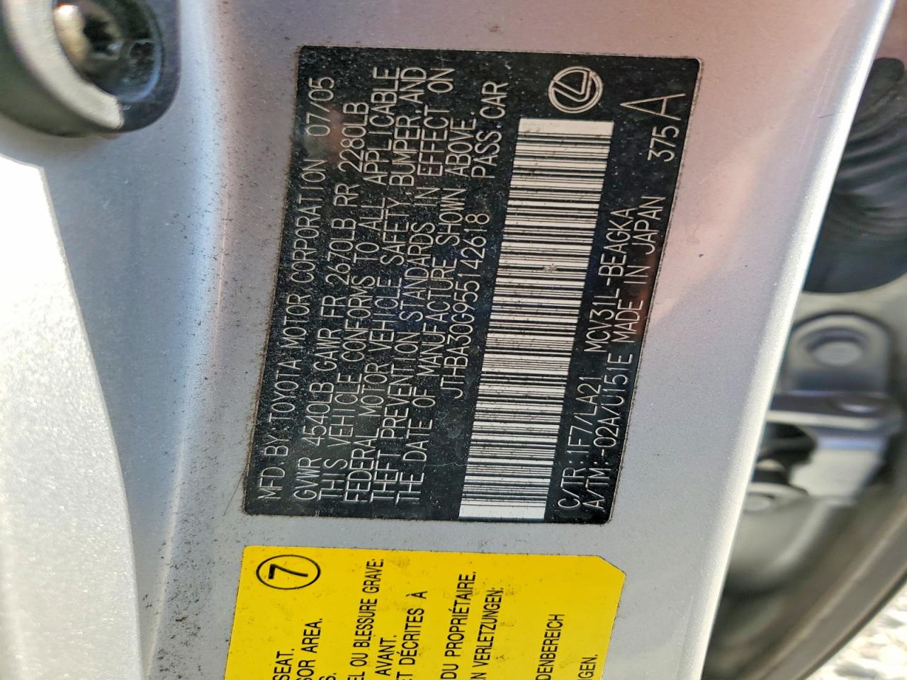 2005 Lexus Es 330 Серебряный vin: JTHBA30G955142618