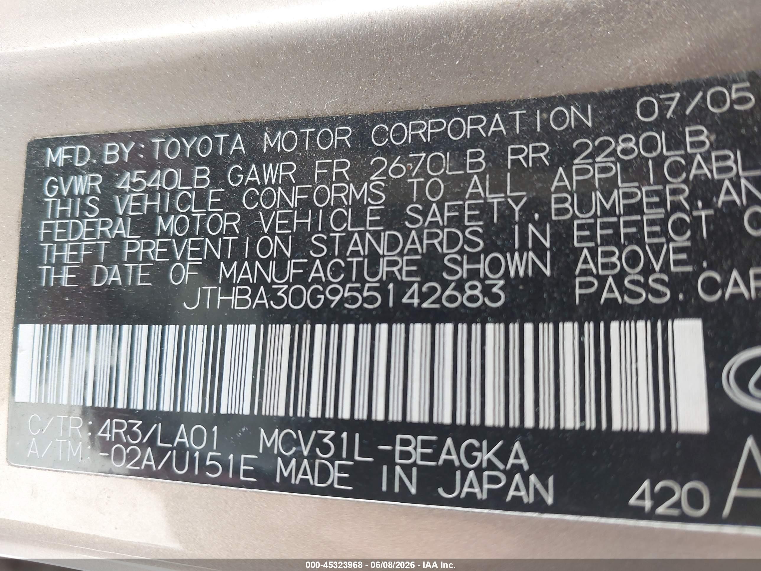 2005 Lexus Es 330   Brown vin: JTHBA30G955142683