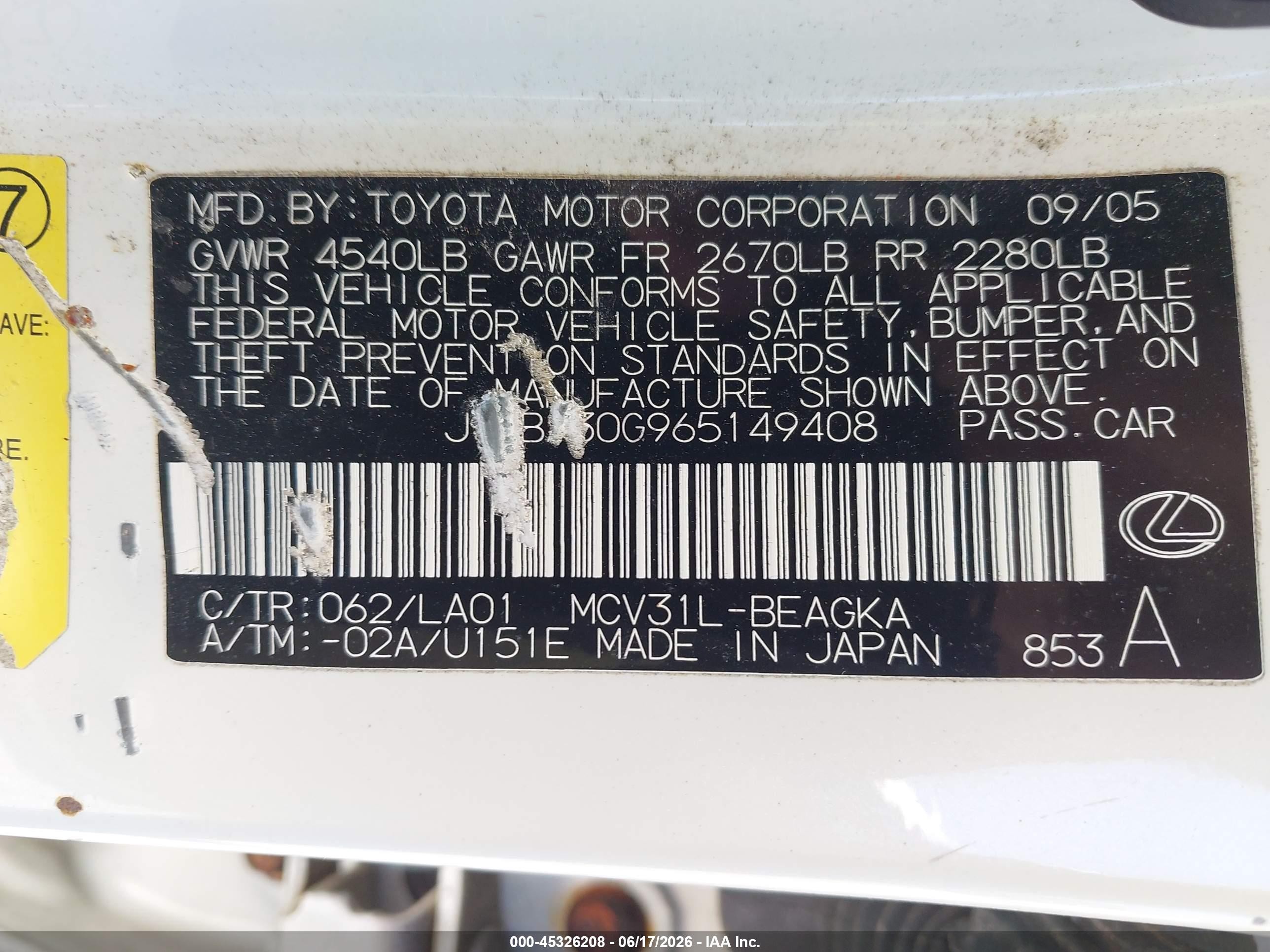 2006 Lexus Es 330 White vin: JTHBA30G965149408