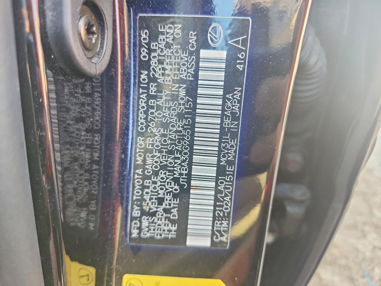 2006 Lexus Es 330 Black vin: JTHBA30G965151157
