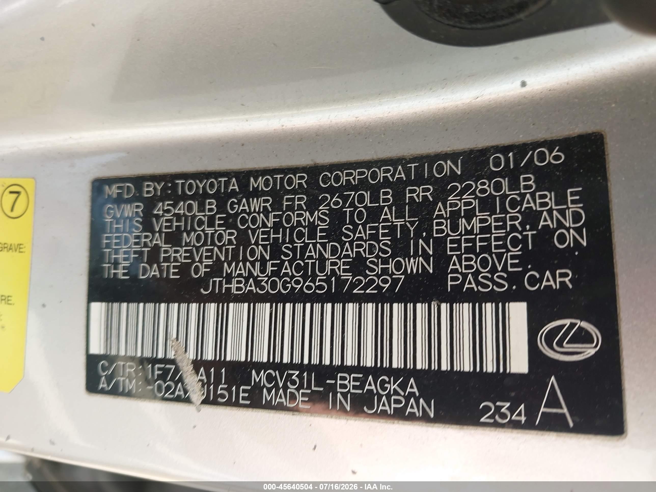 2006 Lexus Es 330   Tan vin: JTHBA30G965172297
