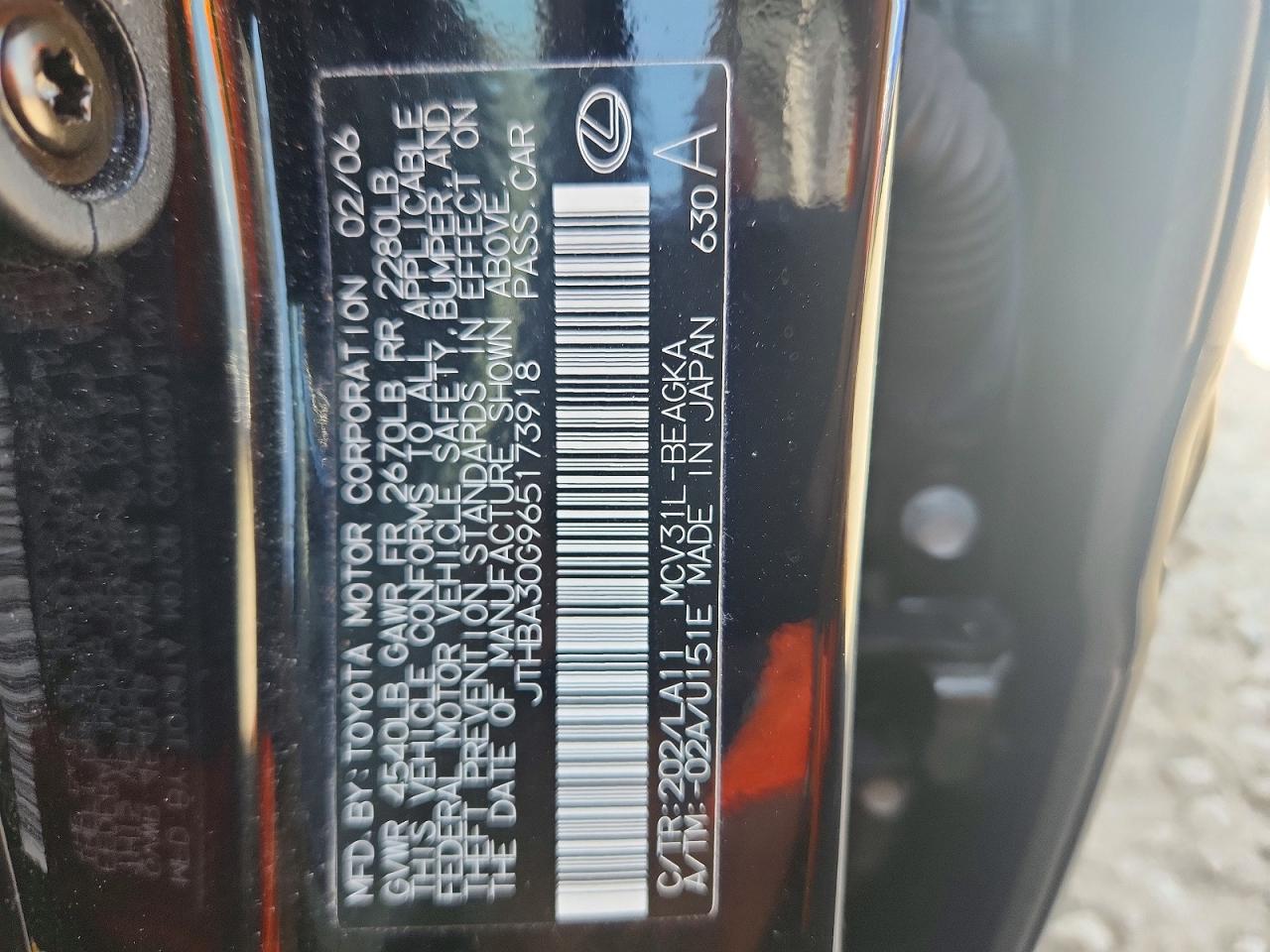 2006 Lexus Es 330 Black vin: JTHBA30G965173918