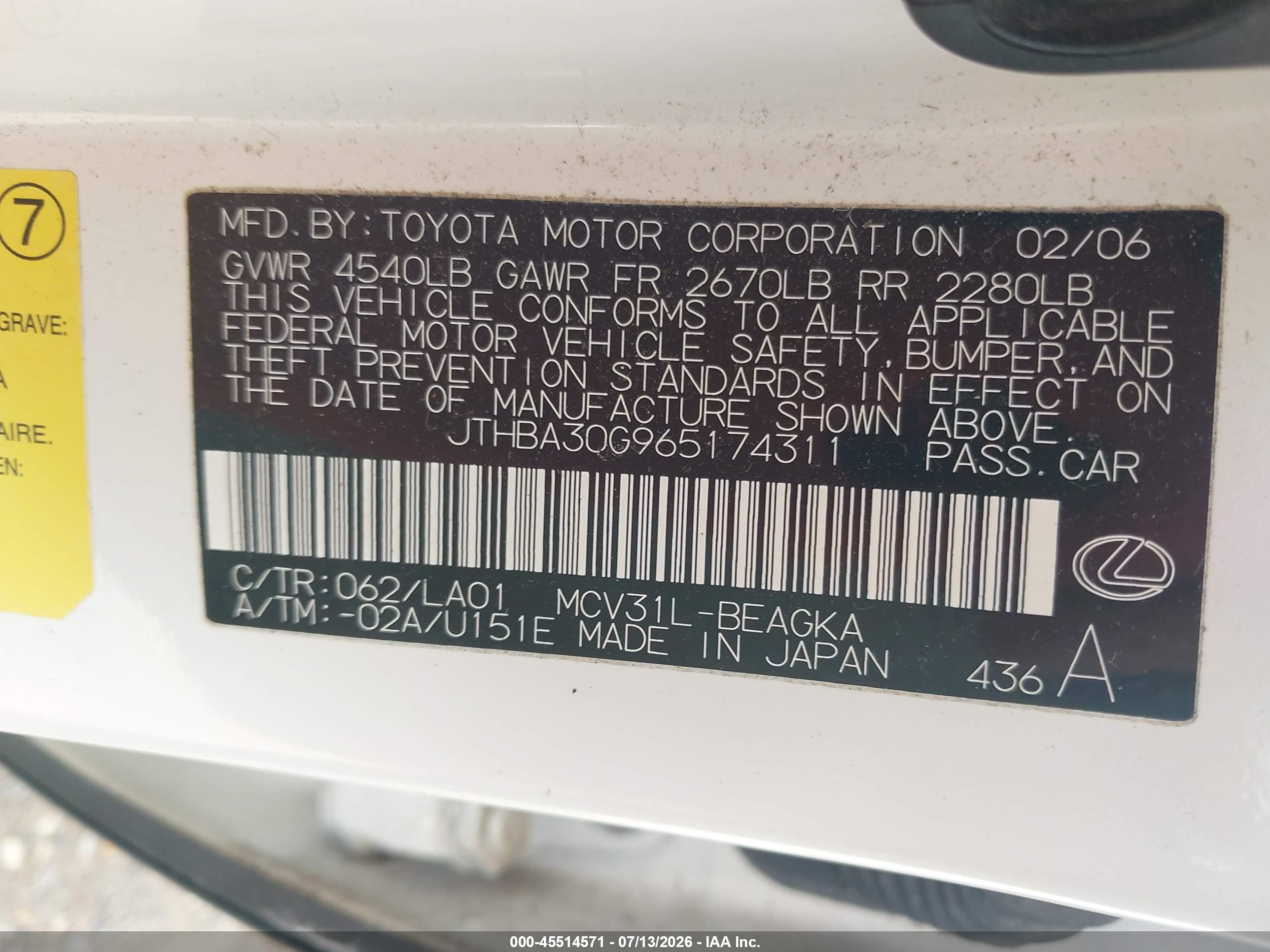 2006 Lexus Es 330 White vin: JTHBA30G965174311