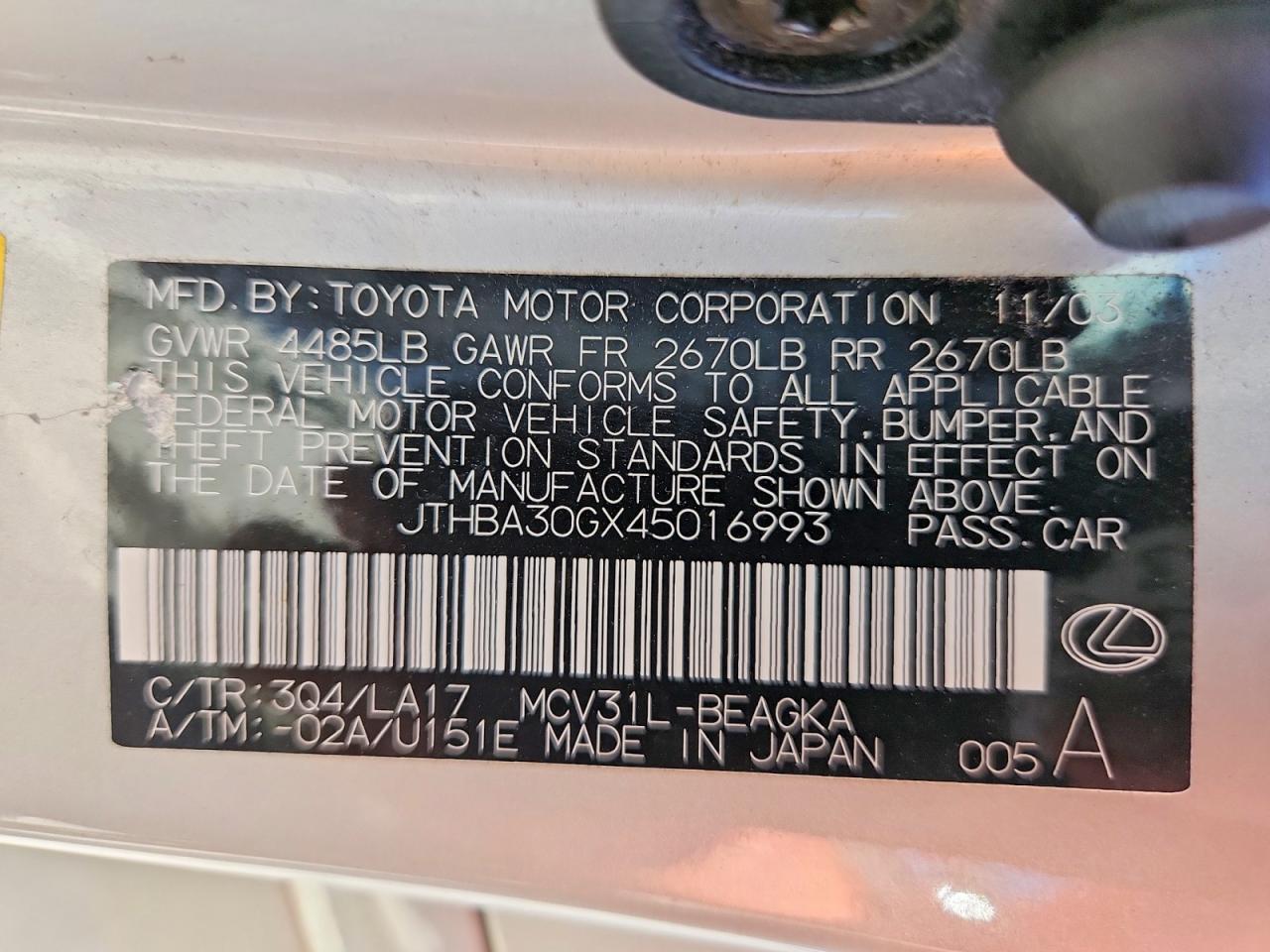 2004 Lexus Es 330 Beige vin: JTHBA30GX45016993