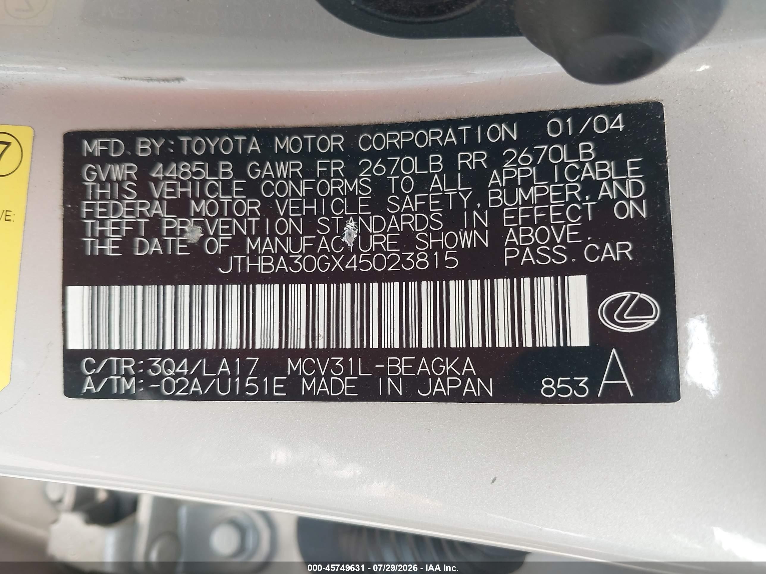 2004 Lexus Es 330   Silver vin: JTHBA30GX45023815