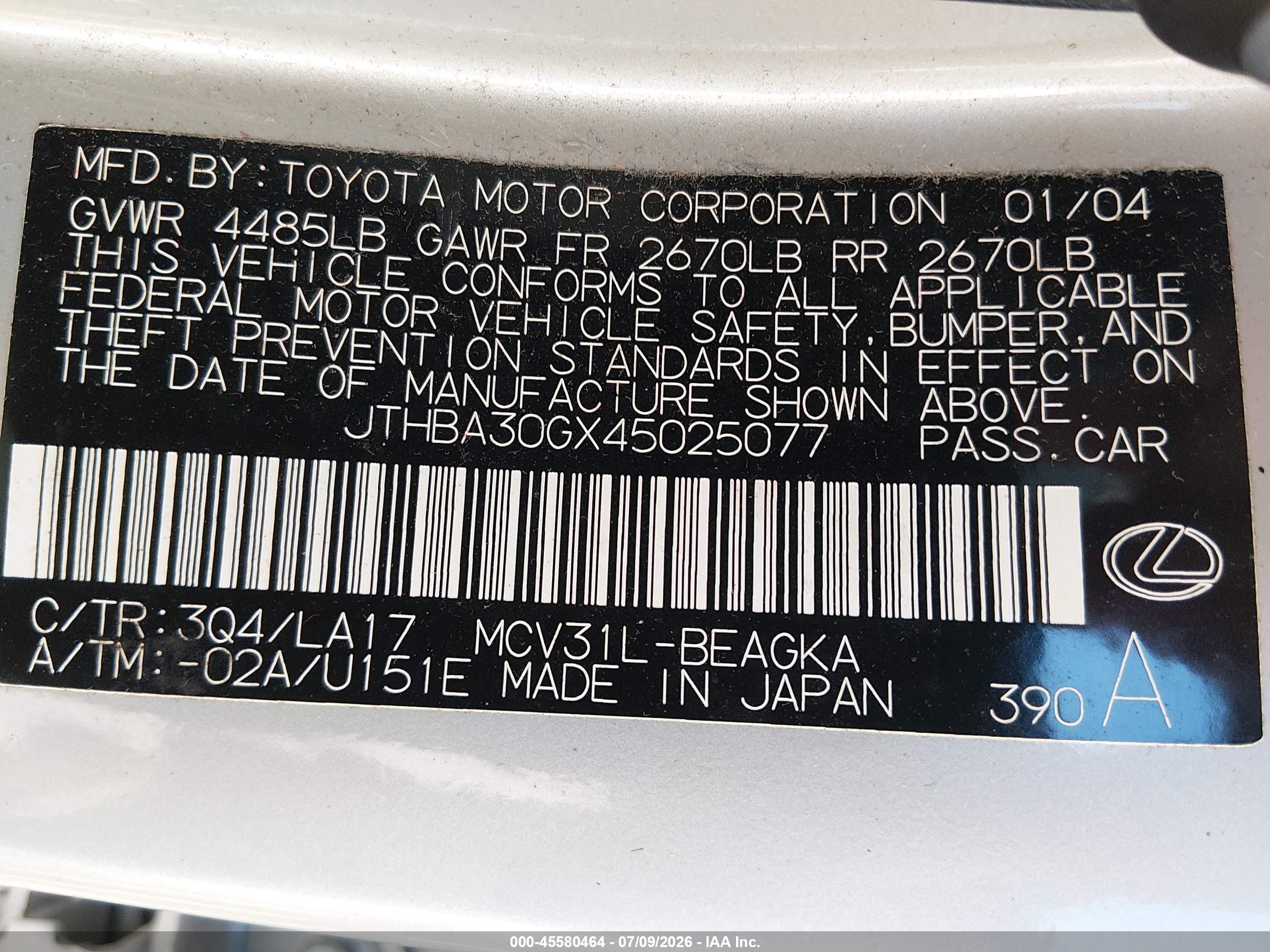 2004 Lexus Es 330   Tan vin: JTHBA30GX45025077
