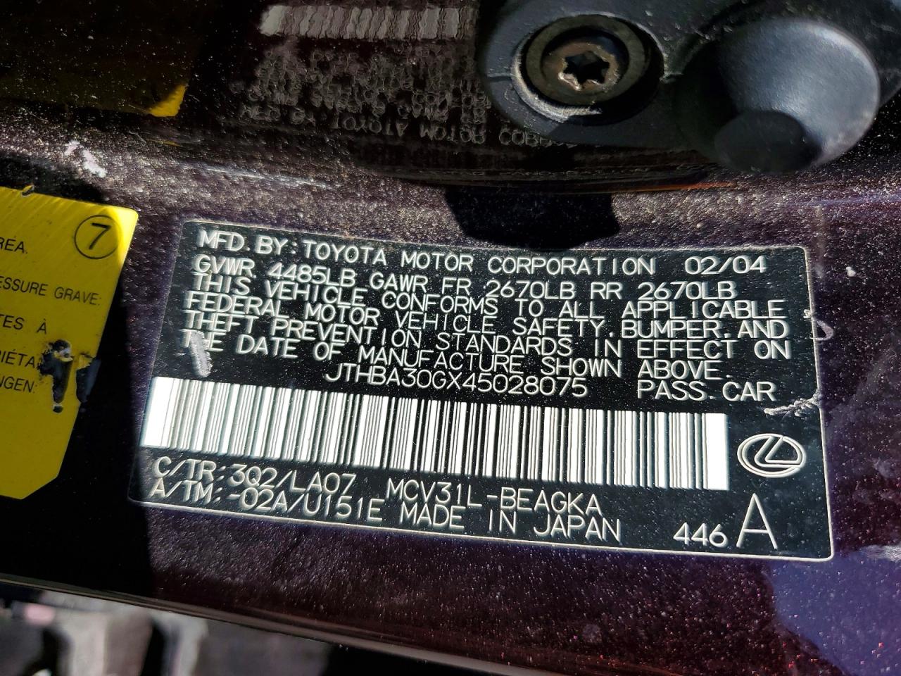 2004 Lexus Es 330 Burgundy vin: JTHBA30GX45028075