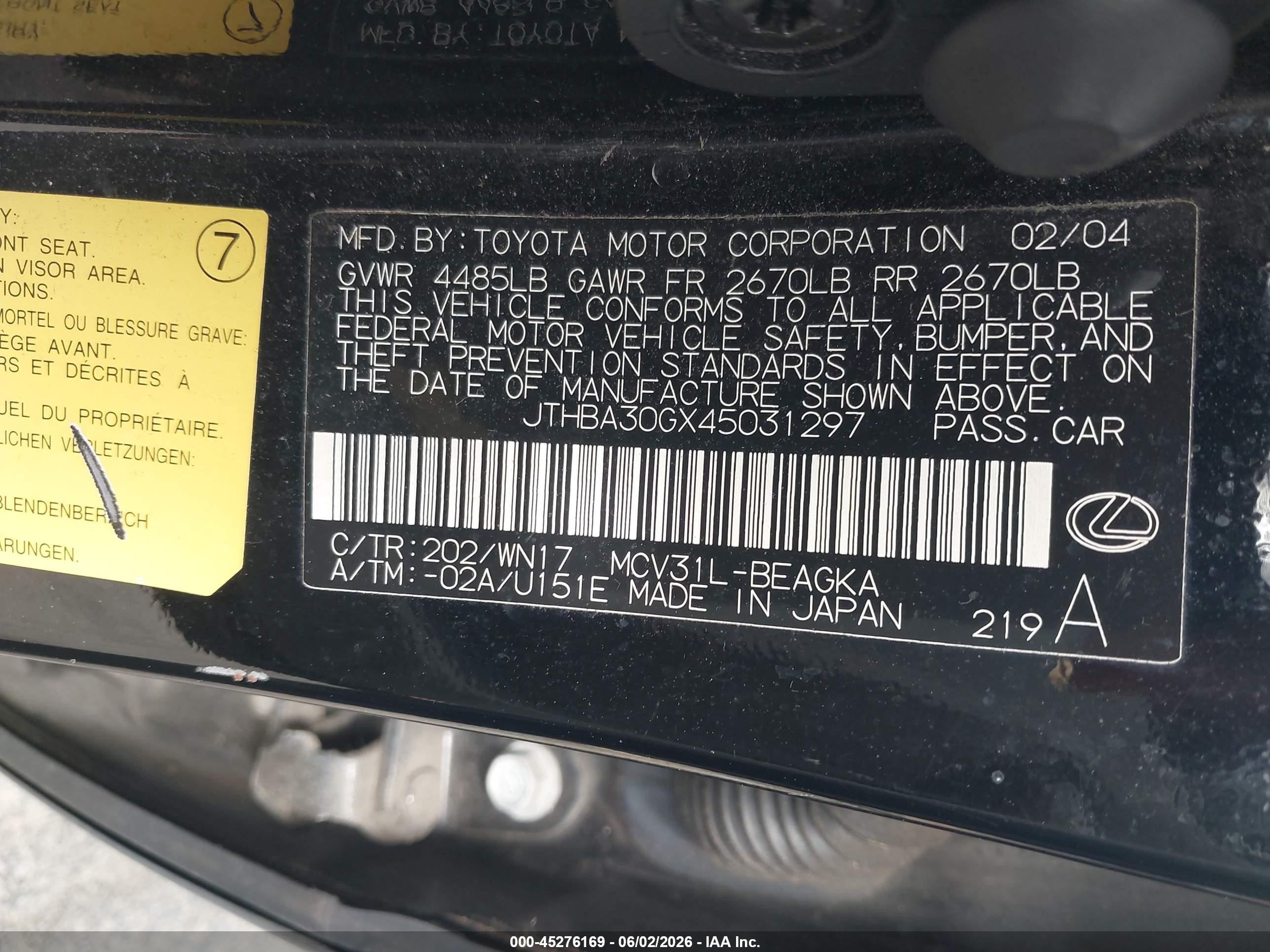 2004 Lexus Es 330   Black vin: JTHBA30GX45031297