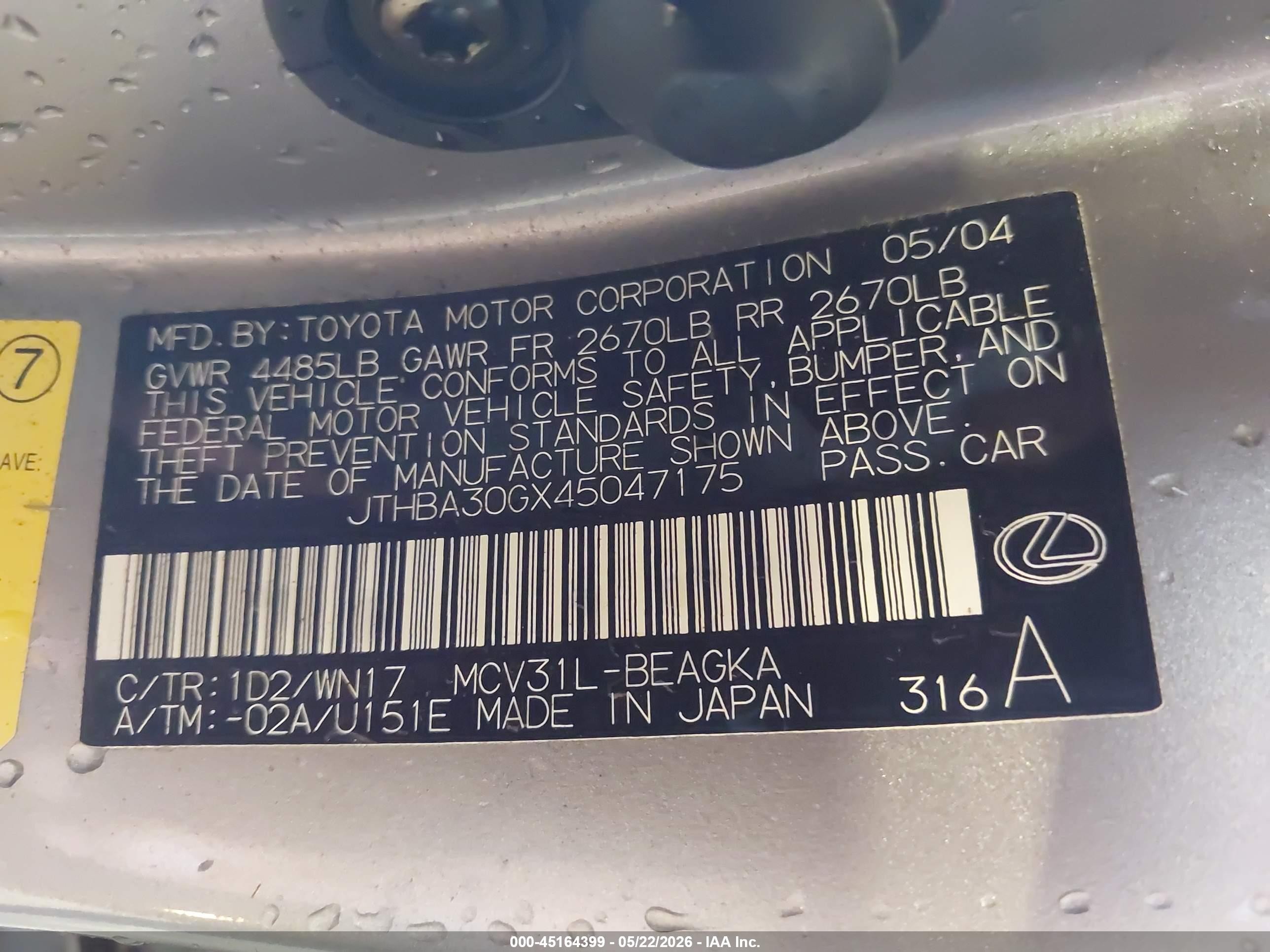 2004 Lexus Es 330 Серебряный vin: JTHBA30GX45047175