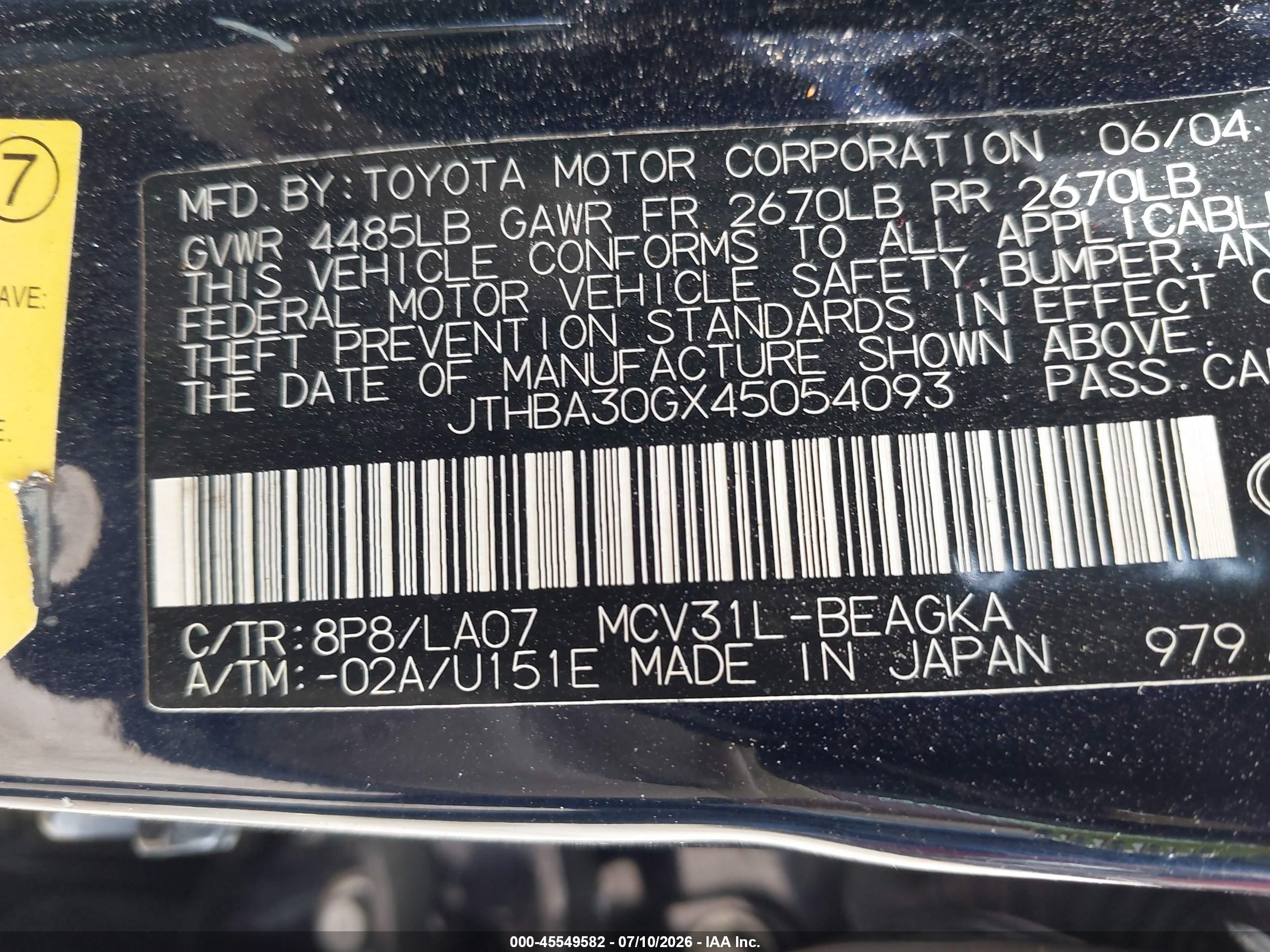2004 Lexus Es 330   Blue vin: JTHBA30GX45054093