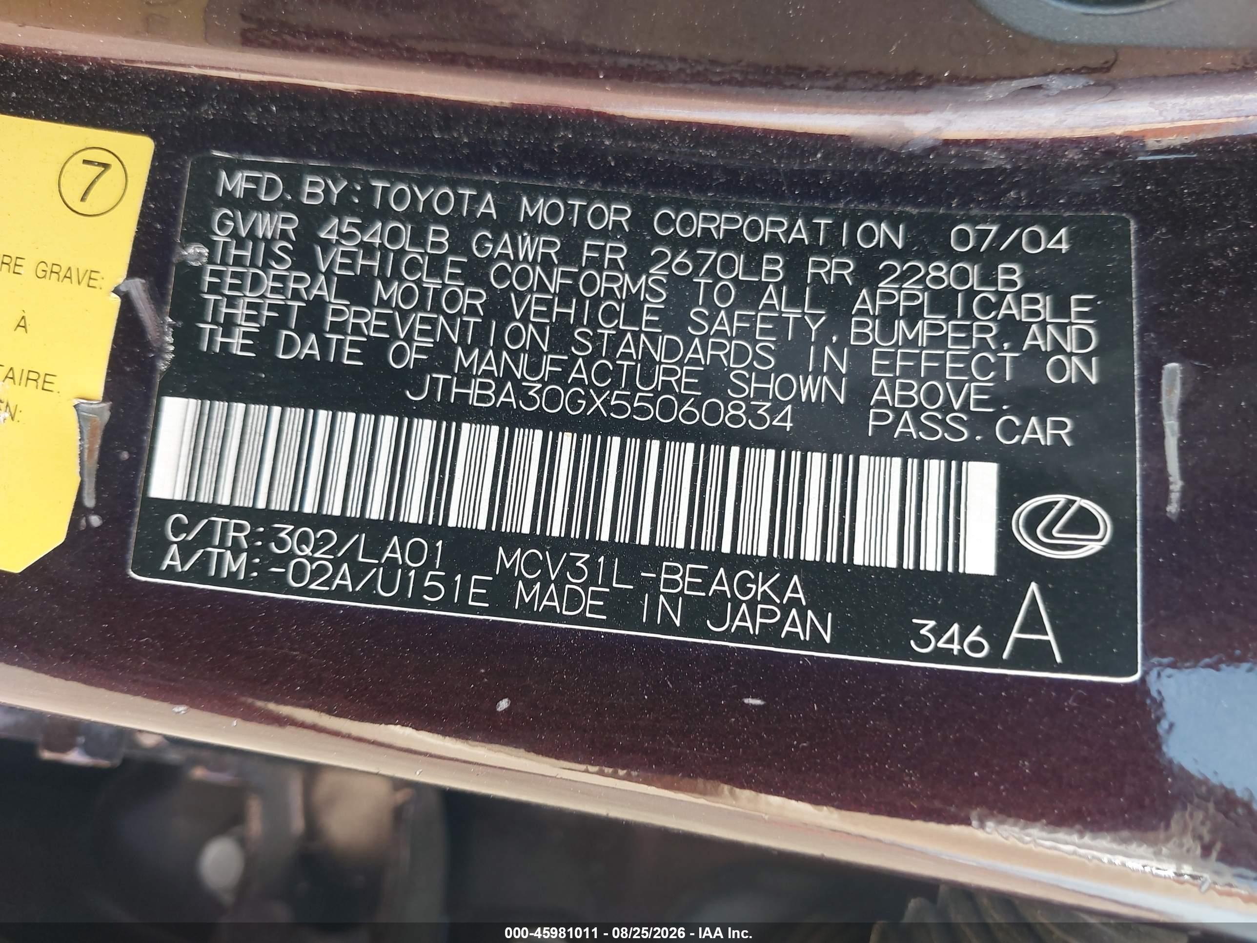 2005 Lexus Es 330 Бордовый vin: JTHBA30GX55060834