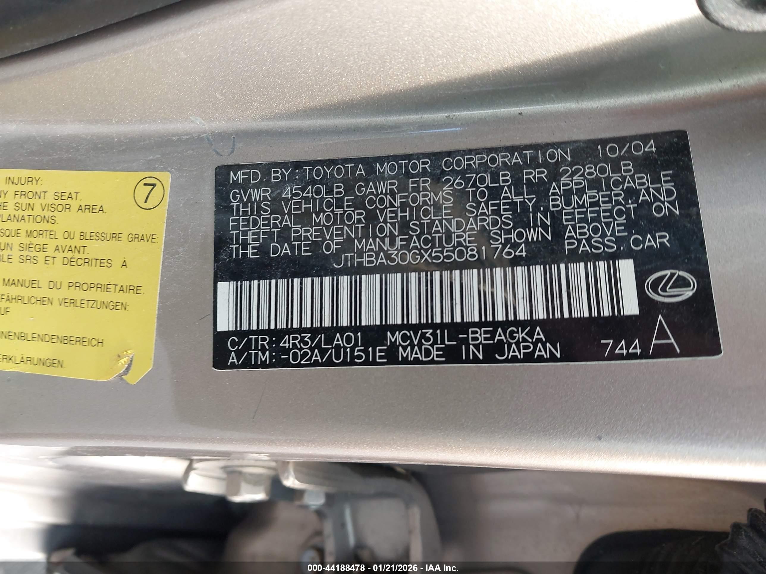 2005 Lexus Es 330   Gold vin: JTHBA30GX55081764