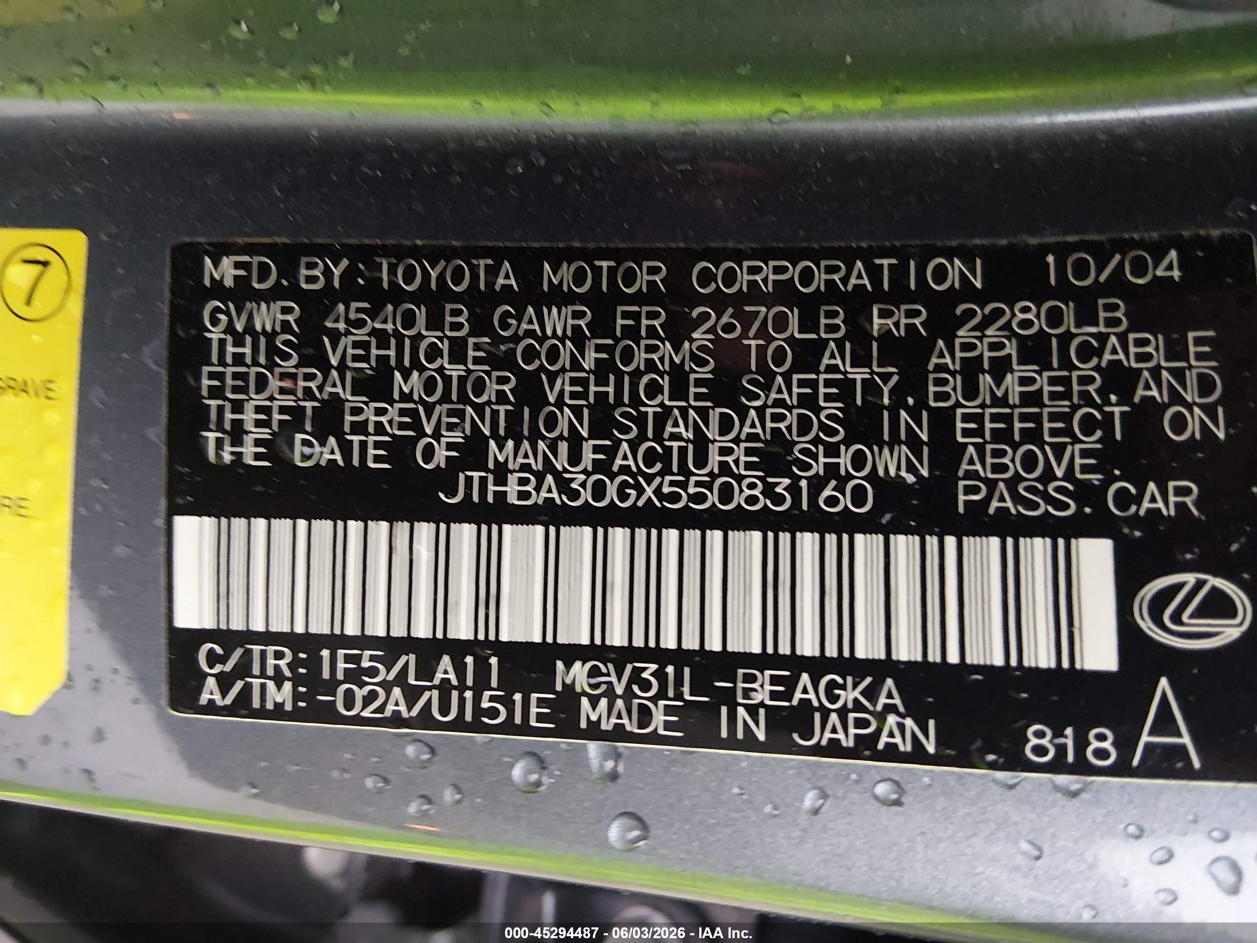 2005 Lexus Es 330 Light Blue vin: JTHBA30GX55083160