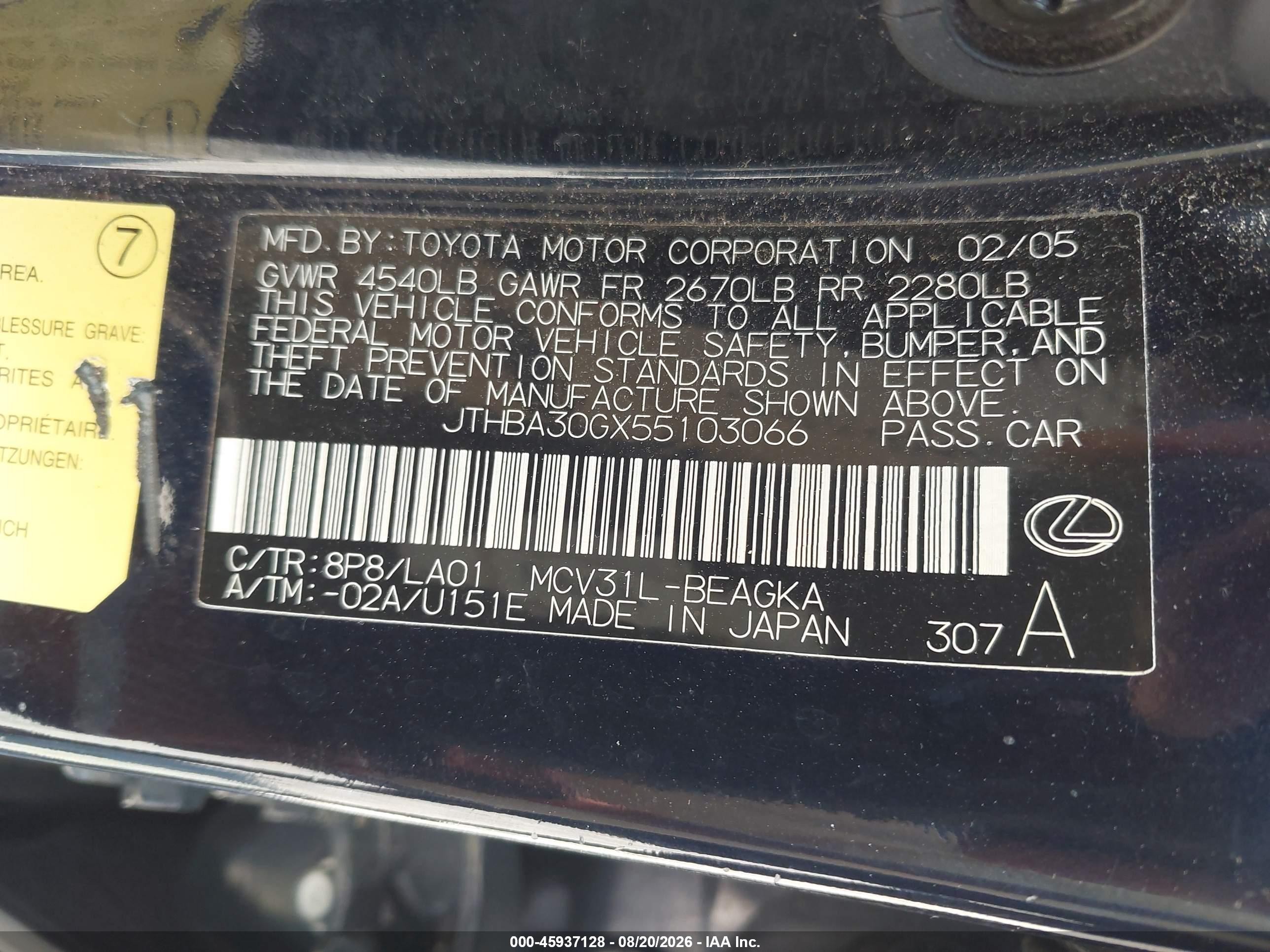 2005 Lexus Es 330   Black vin: JTHBA30GX55103066