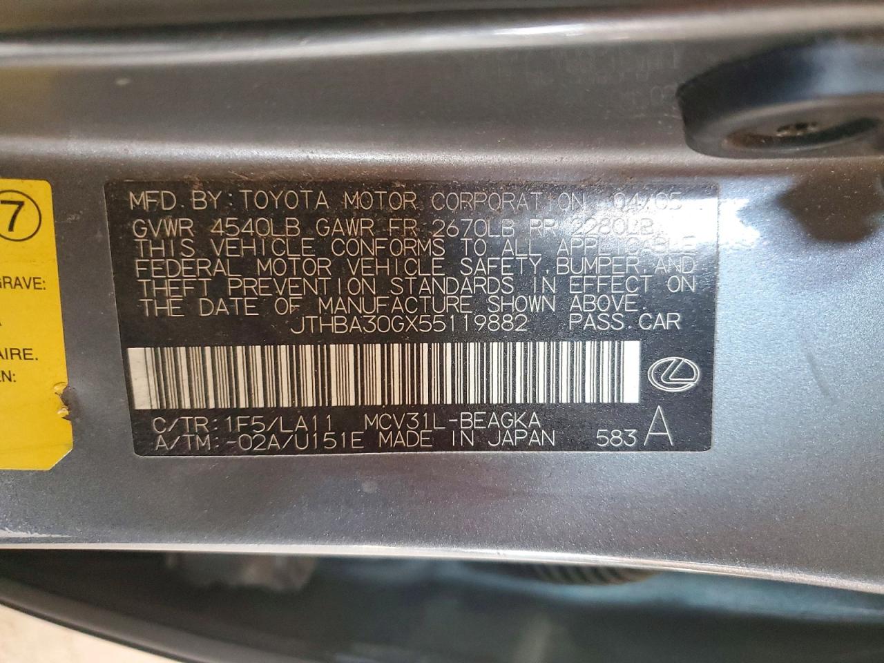 2005 Lexus Es 330 Gray vin: JTHBA30GX55119882