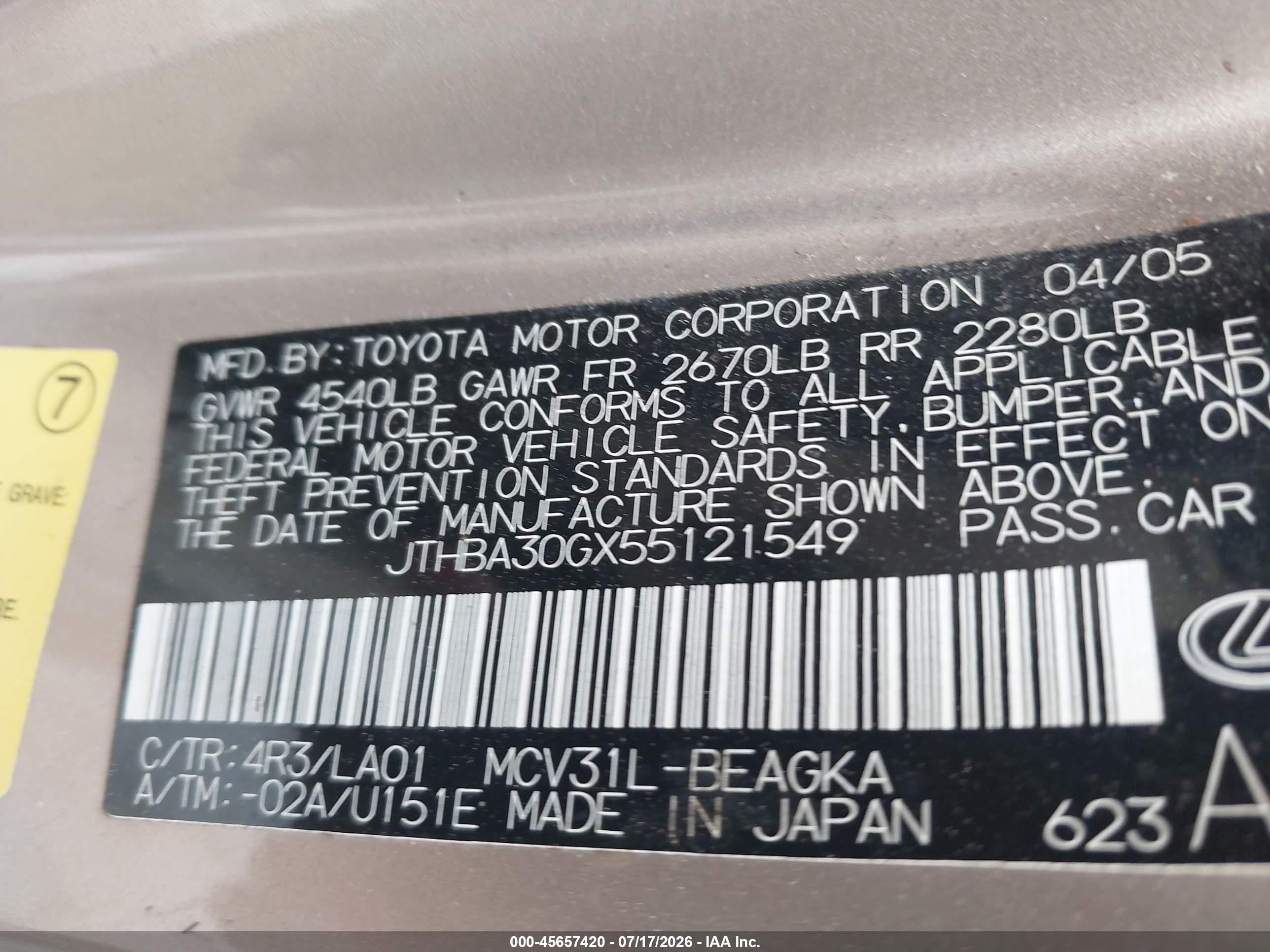 2005 Lexus Es 330   Beige vin: JTHBA30GX55121549