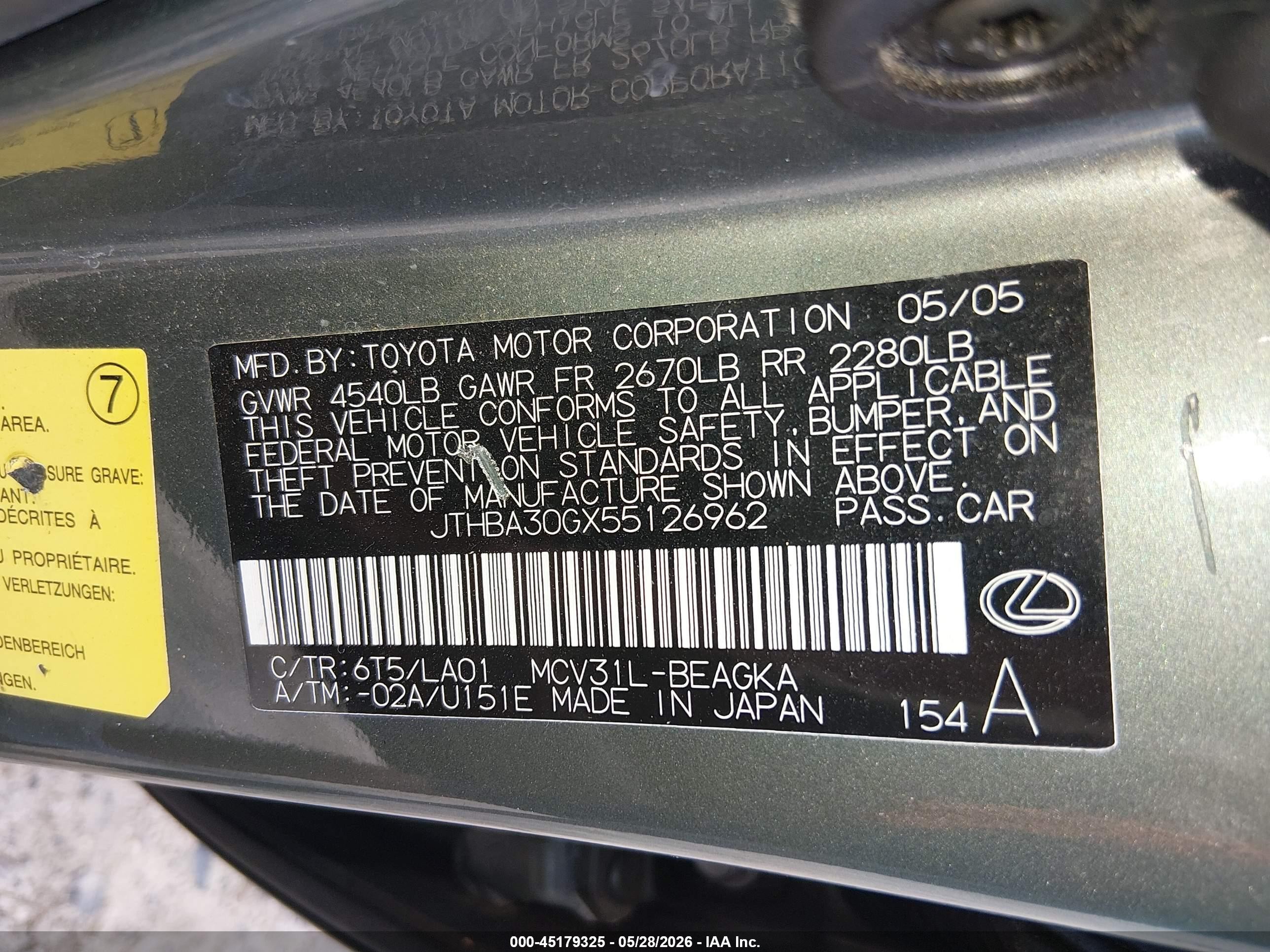 2005 Lexus Es 330   Green vin: JTHBA30GX55126962