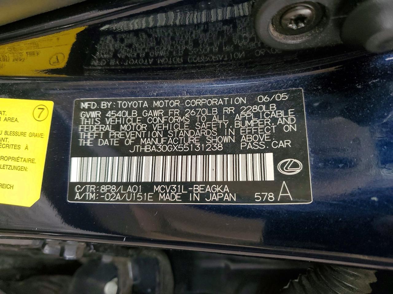 2005 Lexus Es 330 Blue vin: JTHBA30GX55131238