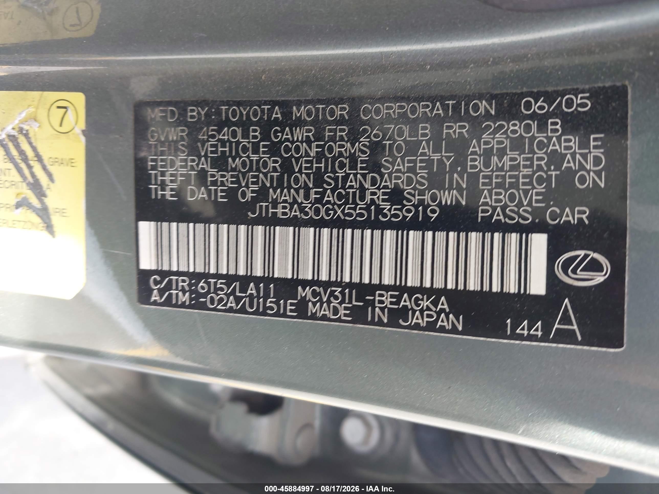 2005 Lexus Es 330 Green vin: JTHBA30GX55135919