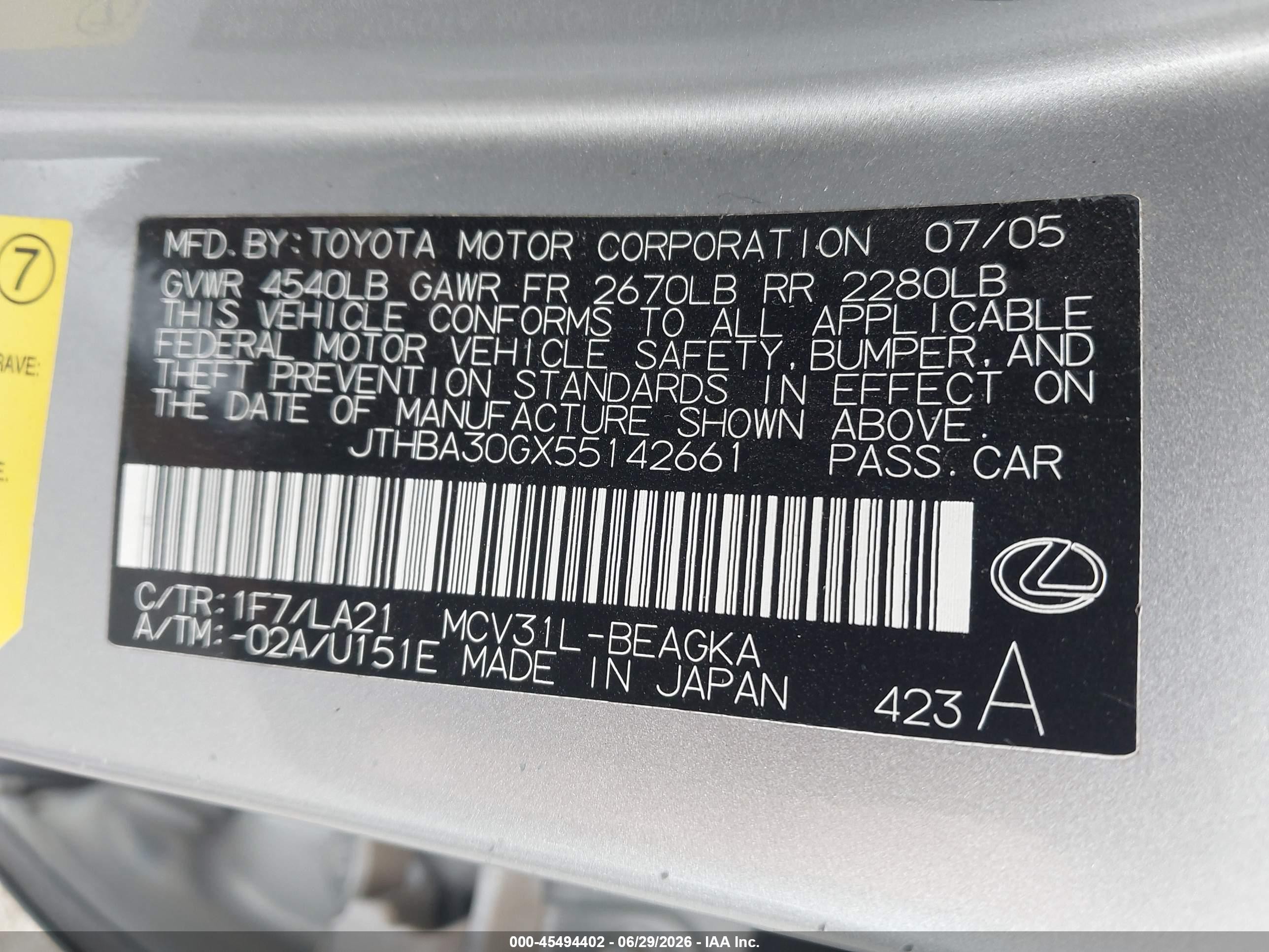 2005 Lexus Es 330   Silver vin: JTHBA30GX55142661