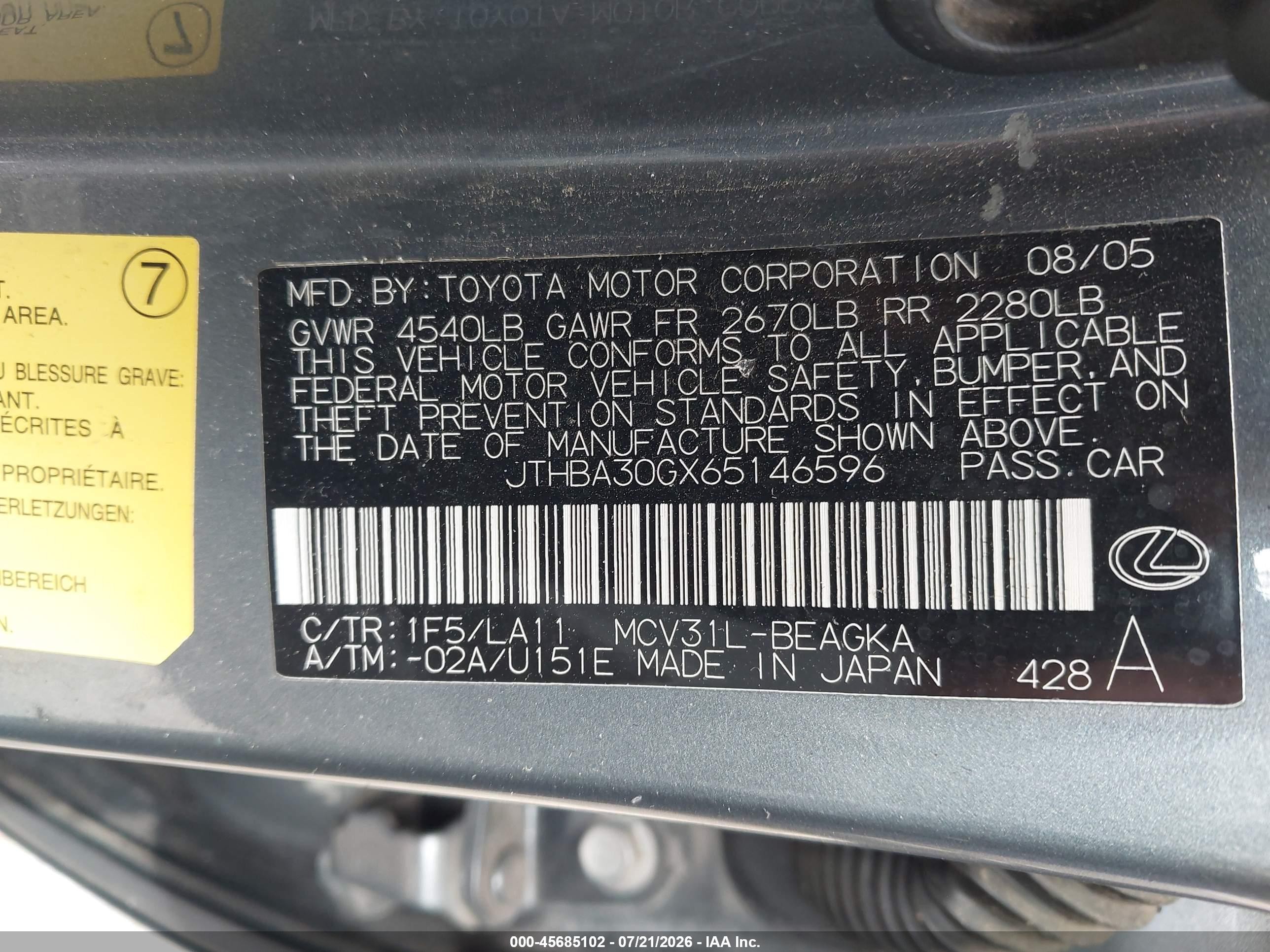2006 Lexus Es 330   Серый vin: JTHBA30GX65146596