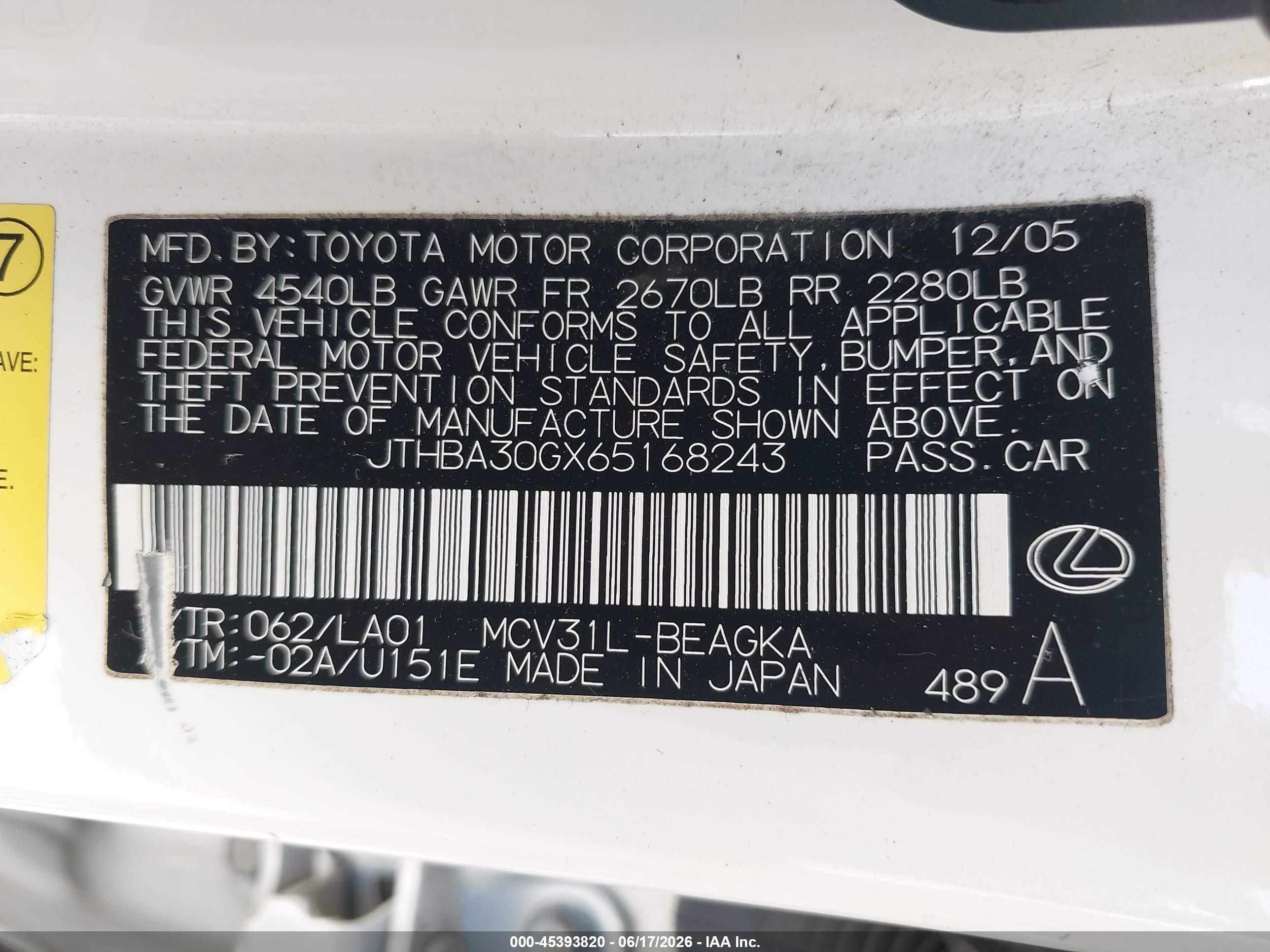 2006 Lexus Es 330   Белый vin: JTHBA30GX65168243
