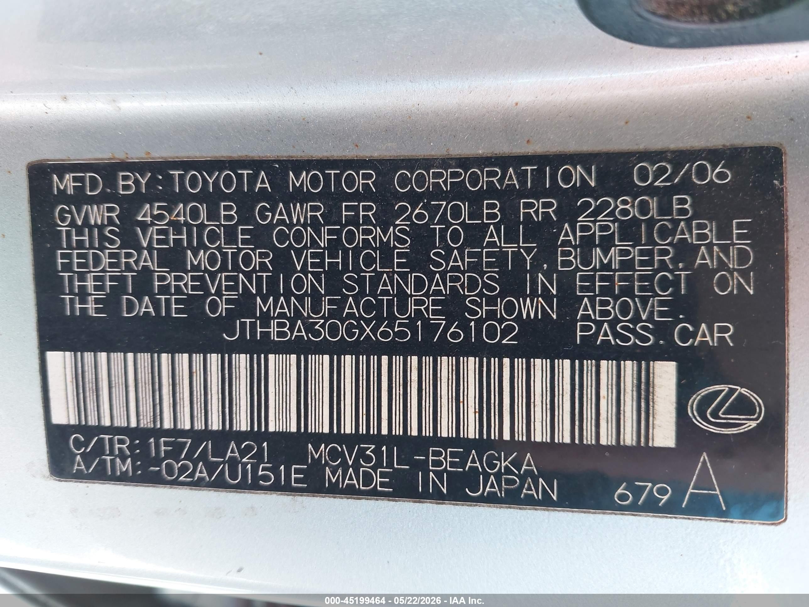 2006 Lexus Es 330 Silver vin: JTHBA30GX65176102