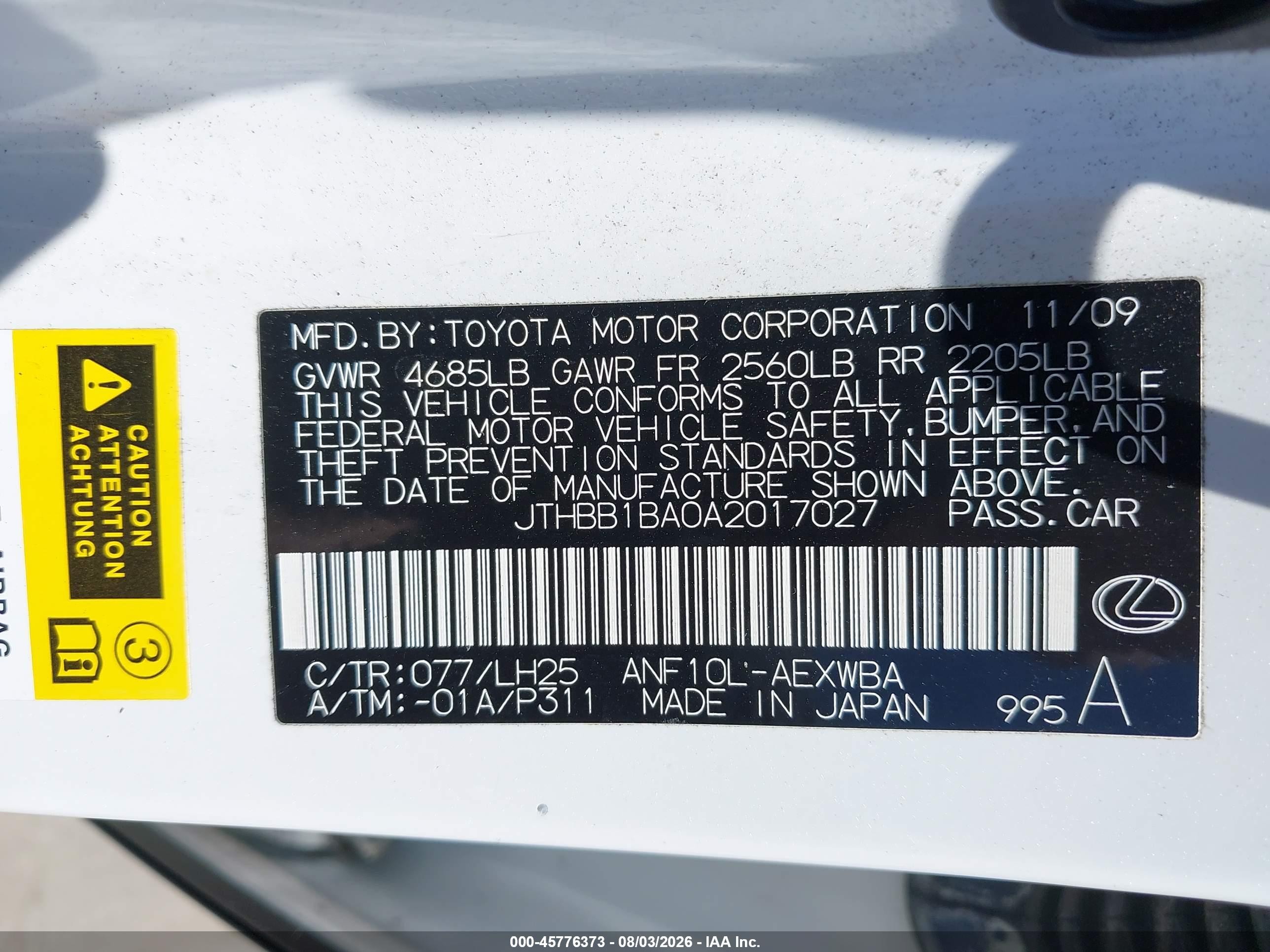 2010 Lexus Hs 250h Premium White vin: JTHBB1BA0A2017027