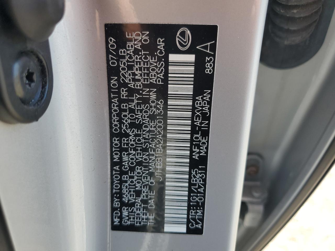 2010 Lexus Hs 250h Silver vin: JTHBB1BA2A2001346