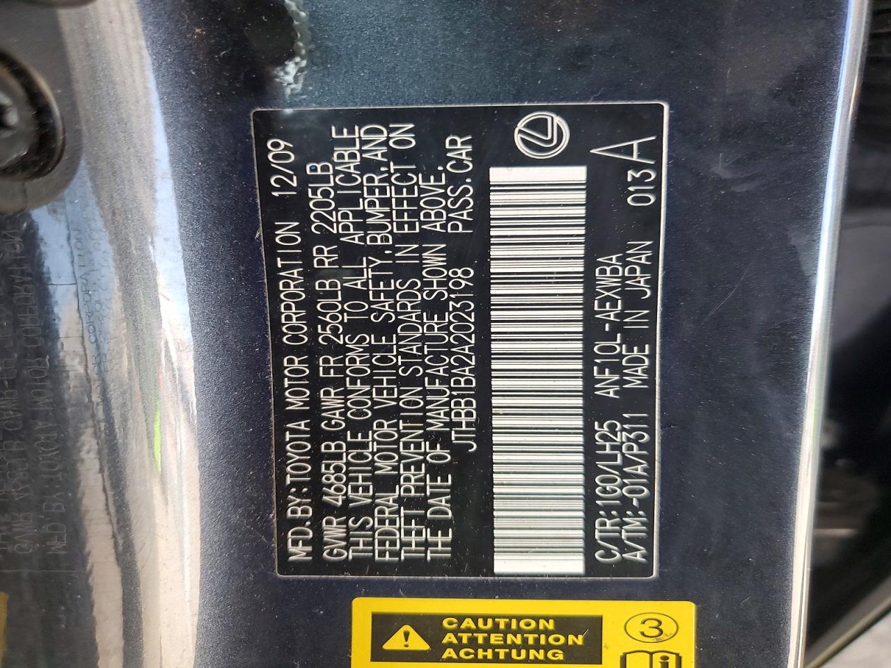 2010 Lexus Hs 250h Premium Charcoal vin: JTHBB1BA2A2023198